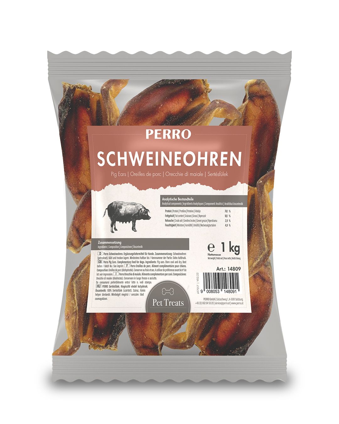 Verpackung mit Schweineohren für Hunde. Marke PERRO. Aufschrift: Schweineohren, 1 kg. Enthält mehrere getrocknete Ohren.