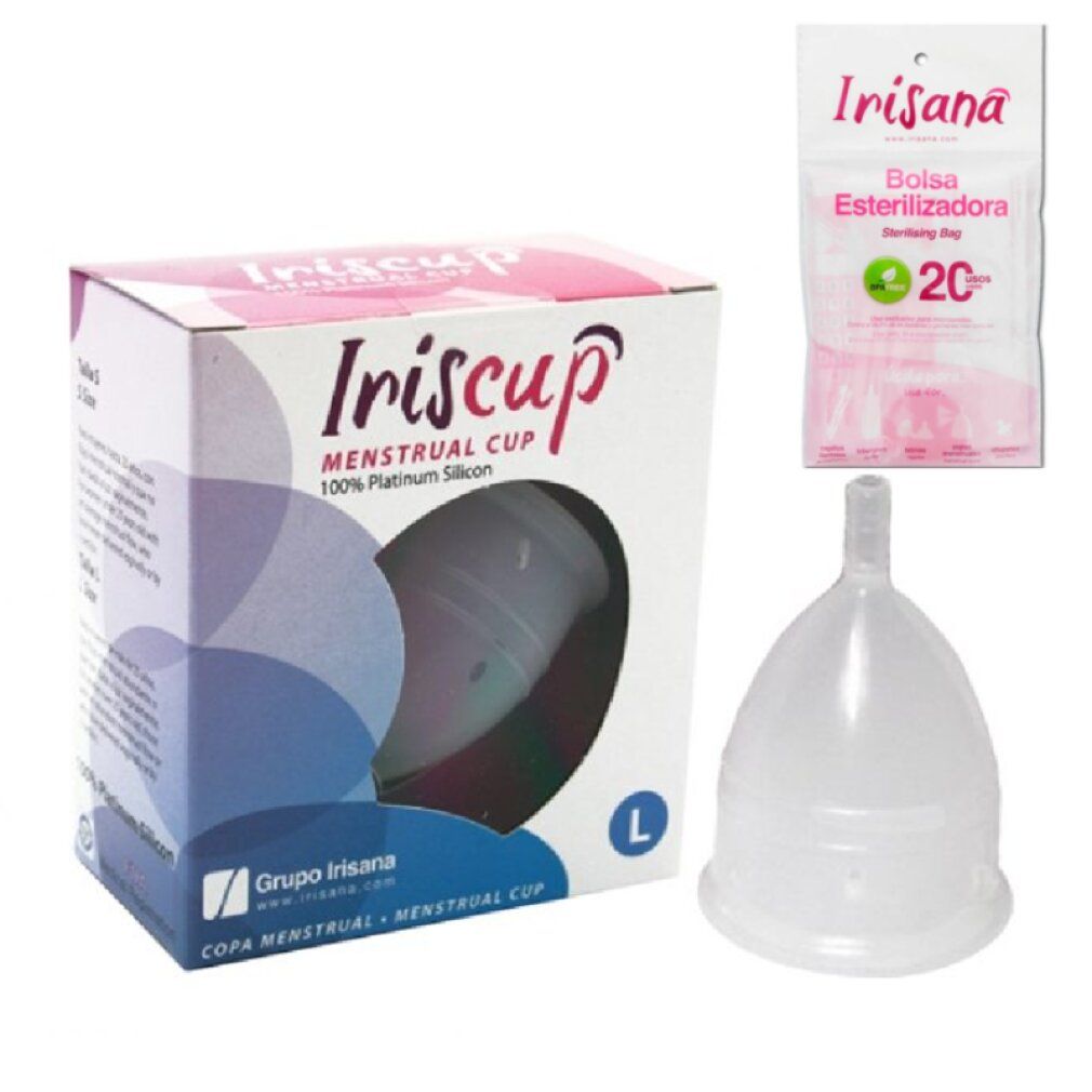Iriscup Menstruationstasse, Verpackung und Sterilisationsbeutel. Transparente Cup mit Stiel. Sterilisationsbeutel.