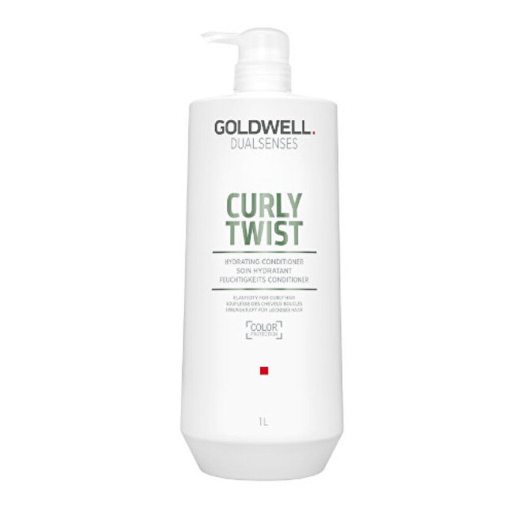 Goldwell Dualsenses Curly Twist Conditioner. Weiße Flasche mit Pumpe und grünem Etikett. Text: Curly Twist, Hydrating Conditioner. 1L.