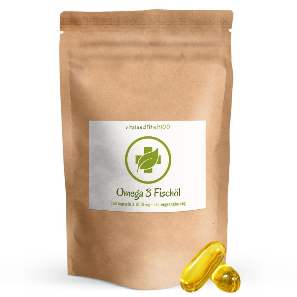Braune Tüte mit weißem Etikett. Aufschrift: Omega 3 Fischöl. Zwei gelbe Kapseln liegen daneben.