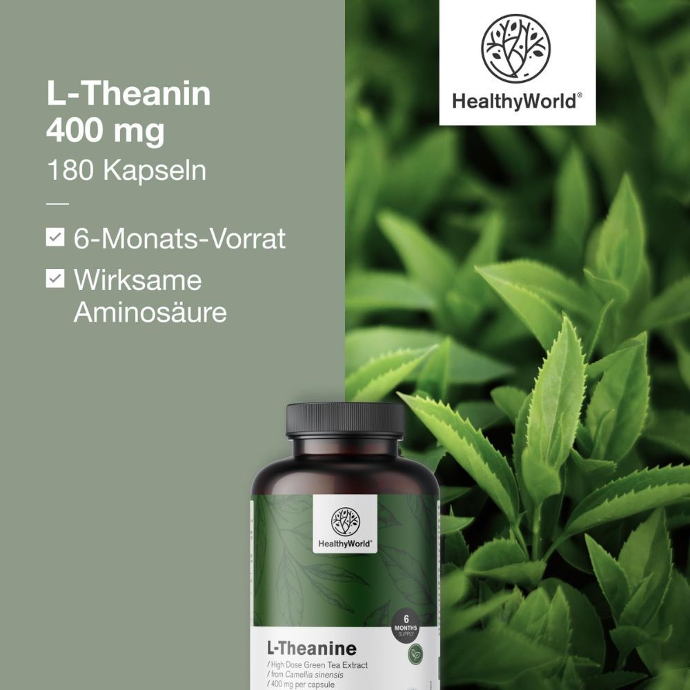 Flasche L-Theanin und Kapseln. Aufschrift: 400 mg, 180 Kapseln. Marke: HealthyWorld. Hintergrund: Grün.