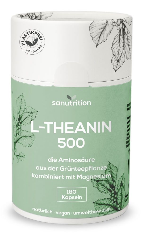 Zylindrische Dose mit Sanutrition L-Theanin 500. Grün-weiße Verpackung mit Blättermotiv. Enthält 180 Kapseln. "Plastikfrei verpackt"-Logo.