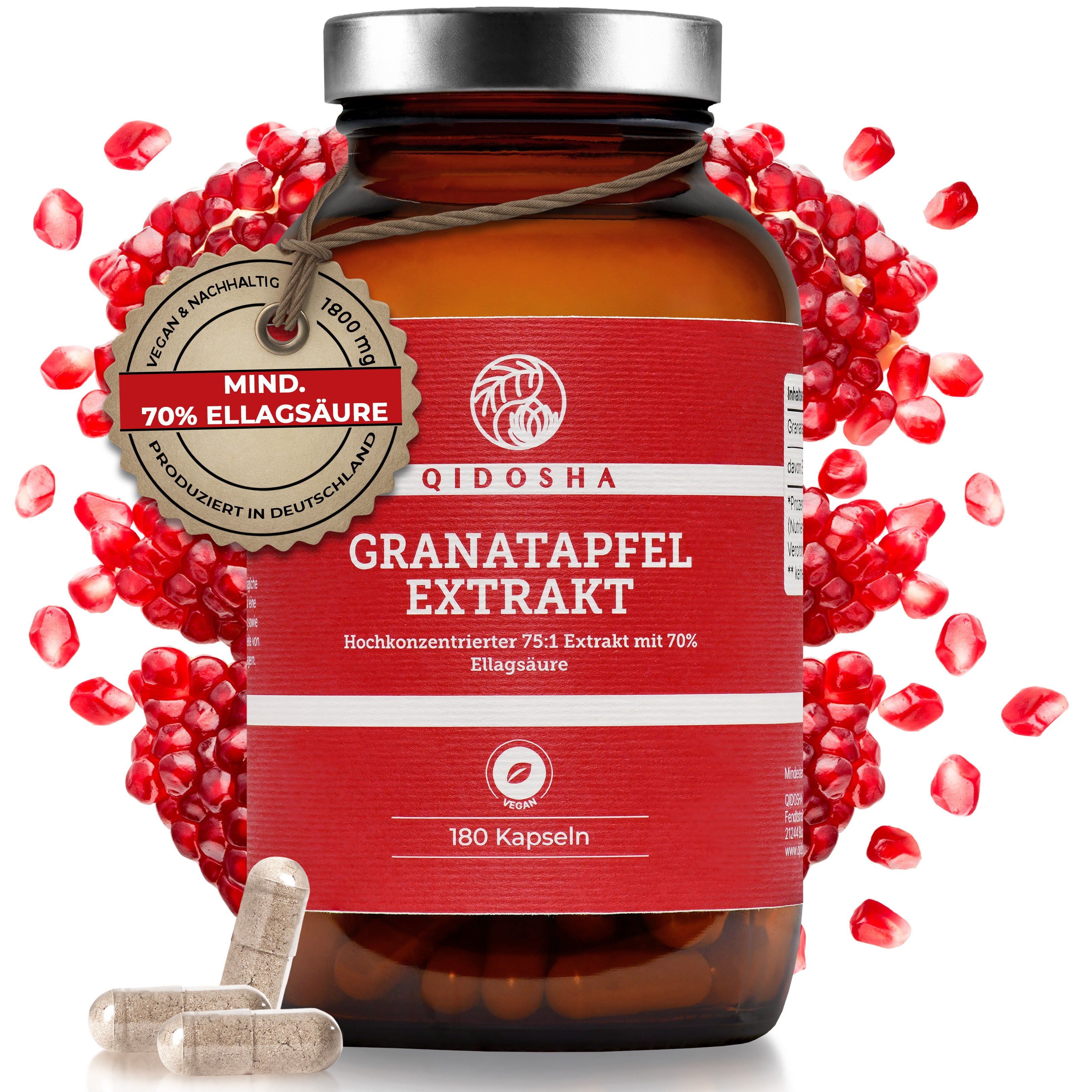 QIDOSHA Granatapfel-Extrakt: Glasflasche mit 180 Kapseln, umgeben von Granatapfelkernen und einem Siegel für 70% Ellagsäure.