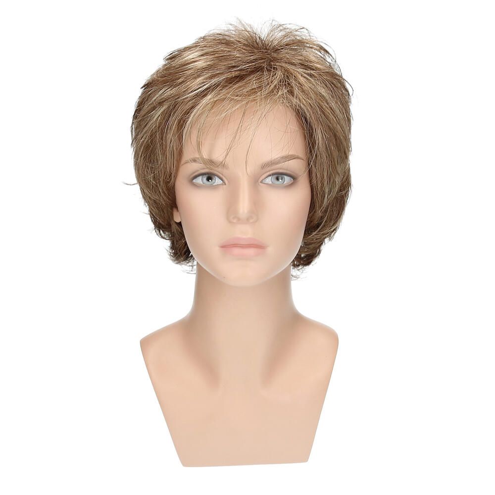 Perücke BRÜGGE auf einem Schaufensterkopf. Kurze, blonde Haare mit Strähnen. Frontansicht.