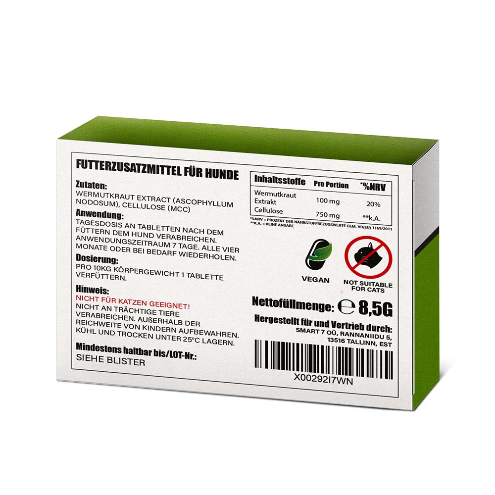 Rückseite der Wurmmittel Hund Verpackung. Enthält Informationen zu Inhaltsstoffen und Anwendung.