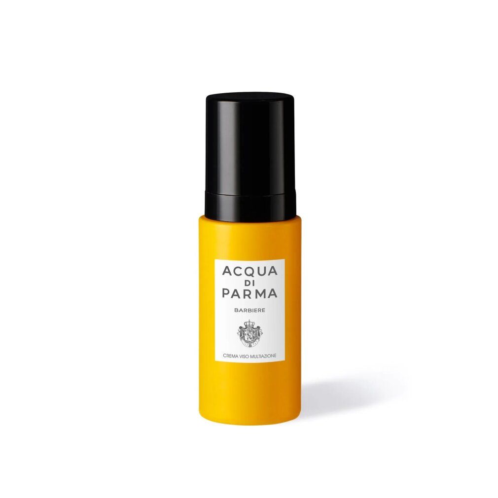 Gelbe Flasche mit schwarzem Deckel. Aufkleber mit "Acqua di Parma" und Text. Produktname: Multi Action Face Cream.