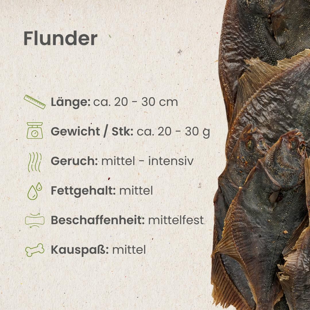 Getrocknete Flunder als Hundeleckerli, 20-30 cm lang.