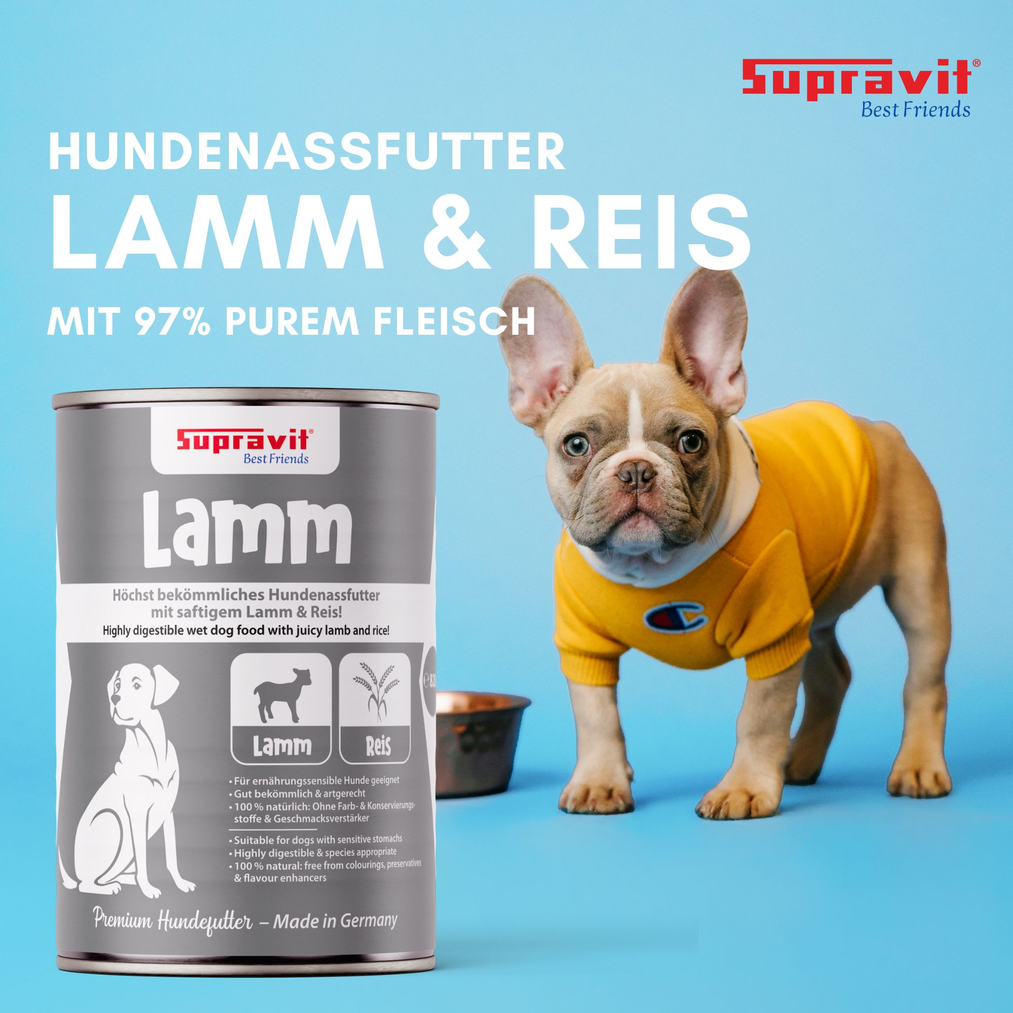 Hundenassfutter Lamm & Reis in Dose. Hund mit gelbem Shirt neben Dose. Text: Mit 97% reinem Fleisch. Marke: Supravit.
