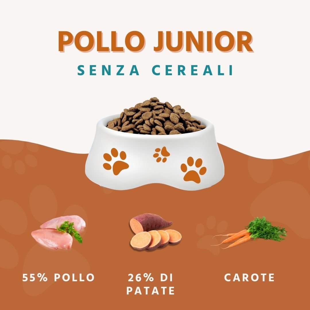Schüssel mit Trockenfutter, Hühnchen, Süßkartoffeln und Karotten. Text: Pollo Junior, senza cereali, 55% Pollo, 26% di Patate, Carote.