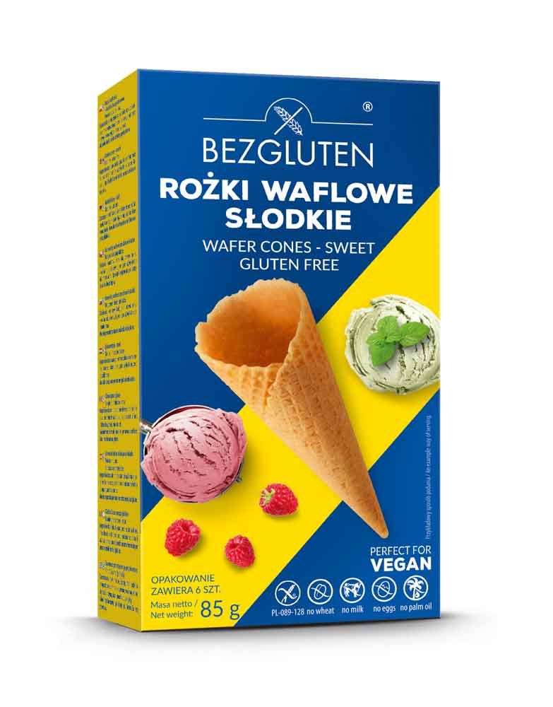 Blau-gelbe Schachtel mit Waffelhörnchen, Eis und Himbeeren. Text: Bezgluten, glutenfrei. Aufdrucke: vegan, ohne Weizen, Milch, Eier, Palmöl.