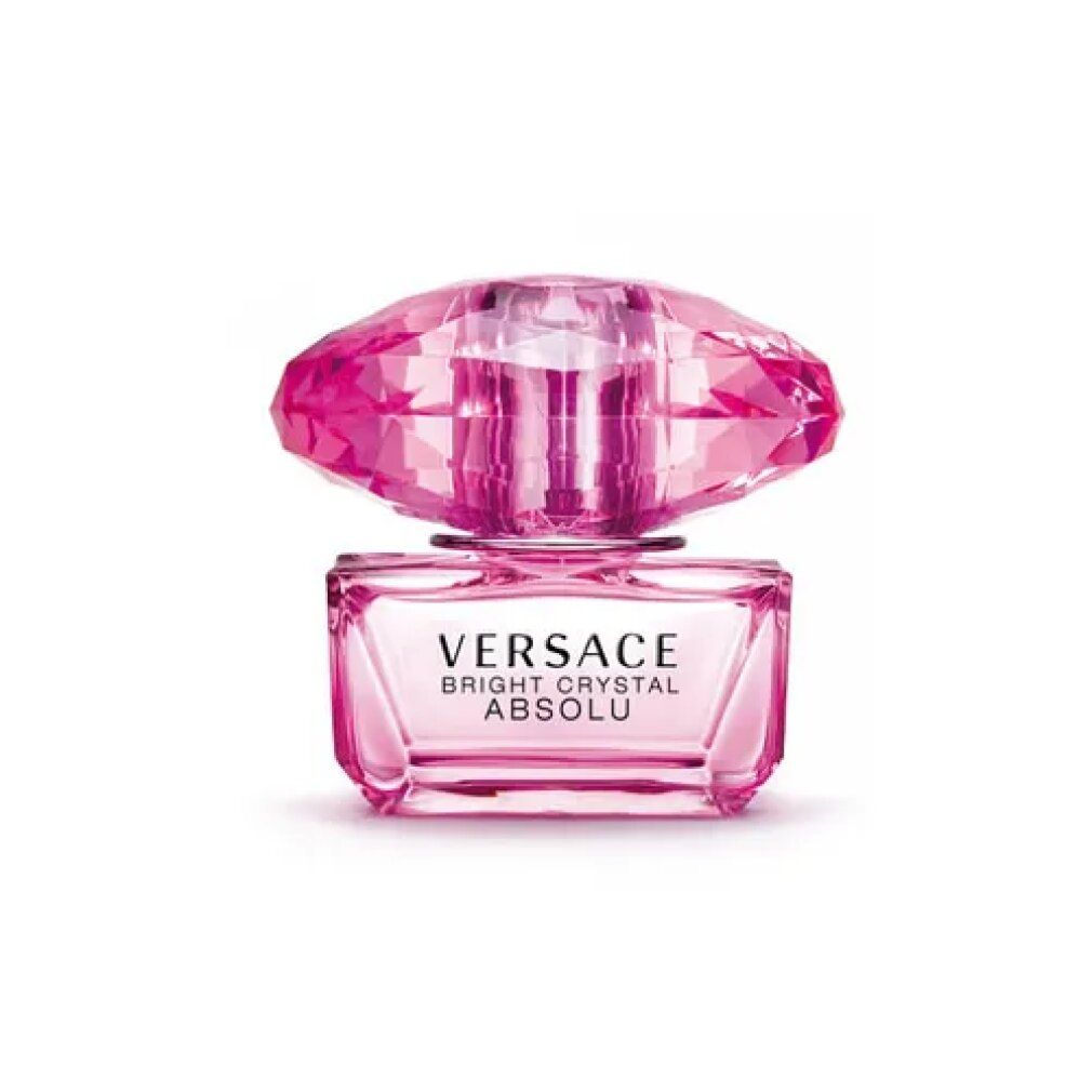 Rosa Flakon mit rosa Deckel. Aufschrift: Versace Bright Crystal Absolu Eau de Parfum.