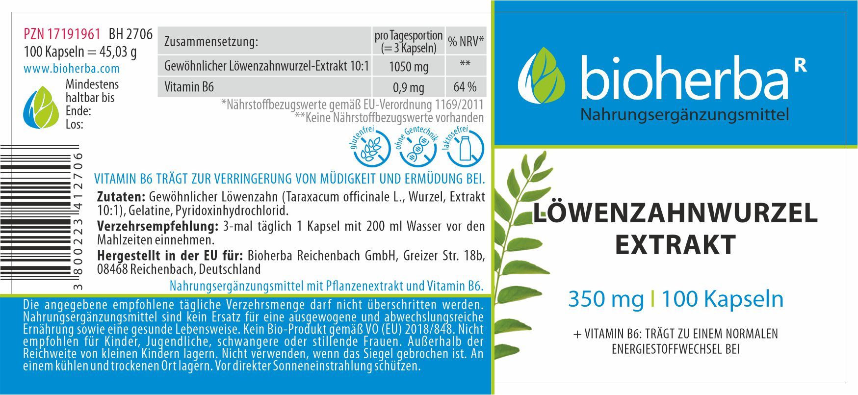 Löwenzahnwurzel Extrakt 350 mg 100 Kapseln PZN 17191961