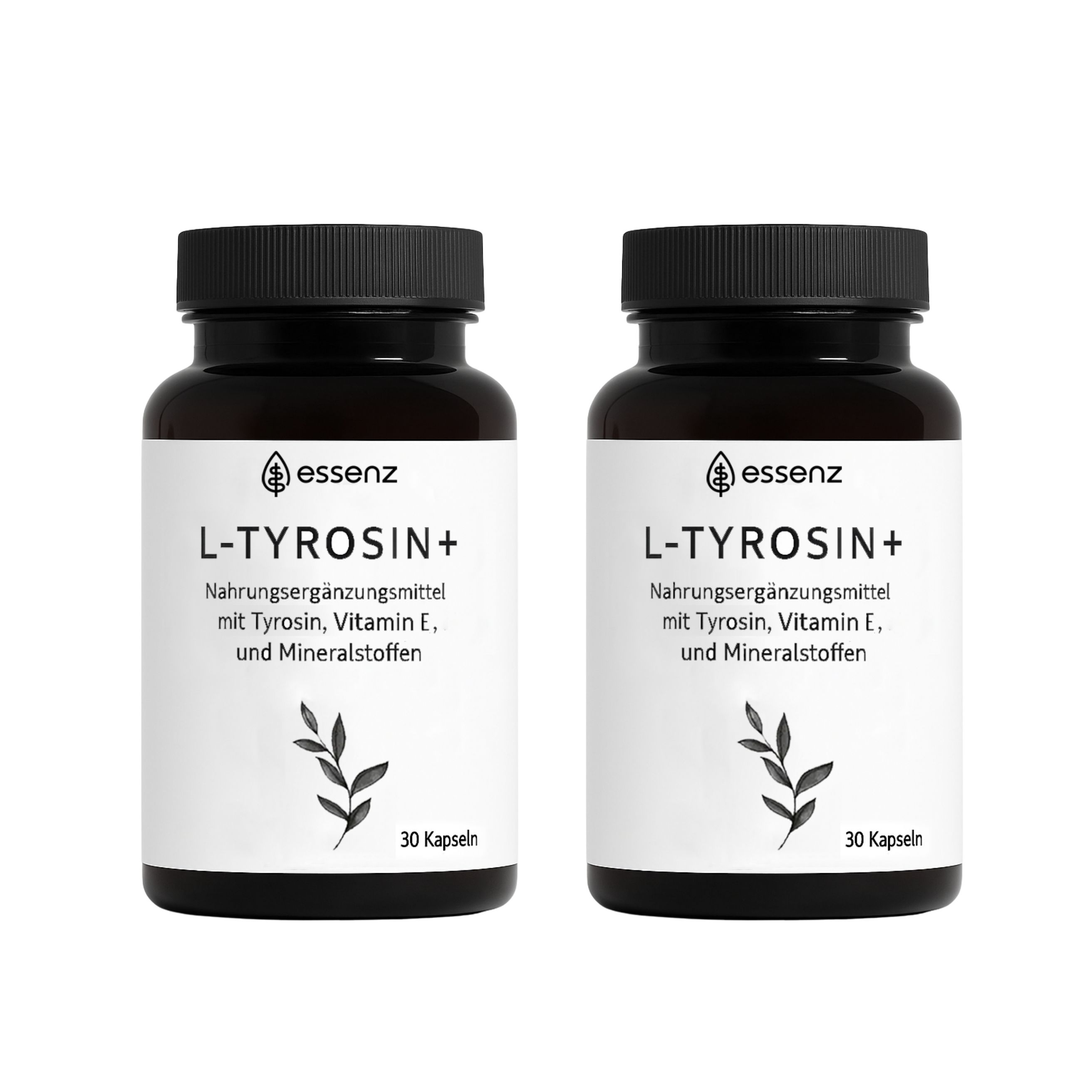 Zwei Flaschen ESSENZ L-Tyrosin+ Kapseln. Schwarzer Deckel, weißes Etikett. Text: Nahrungsergänzungsmittel. 30 Kapseln.