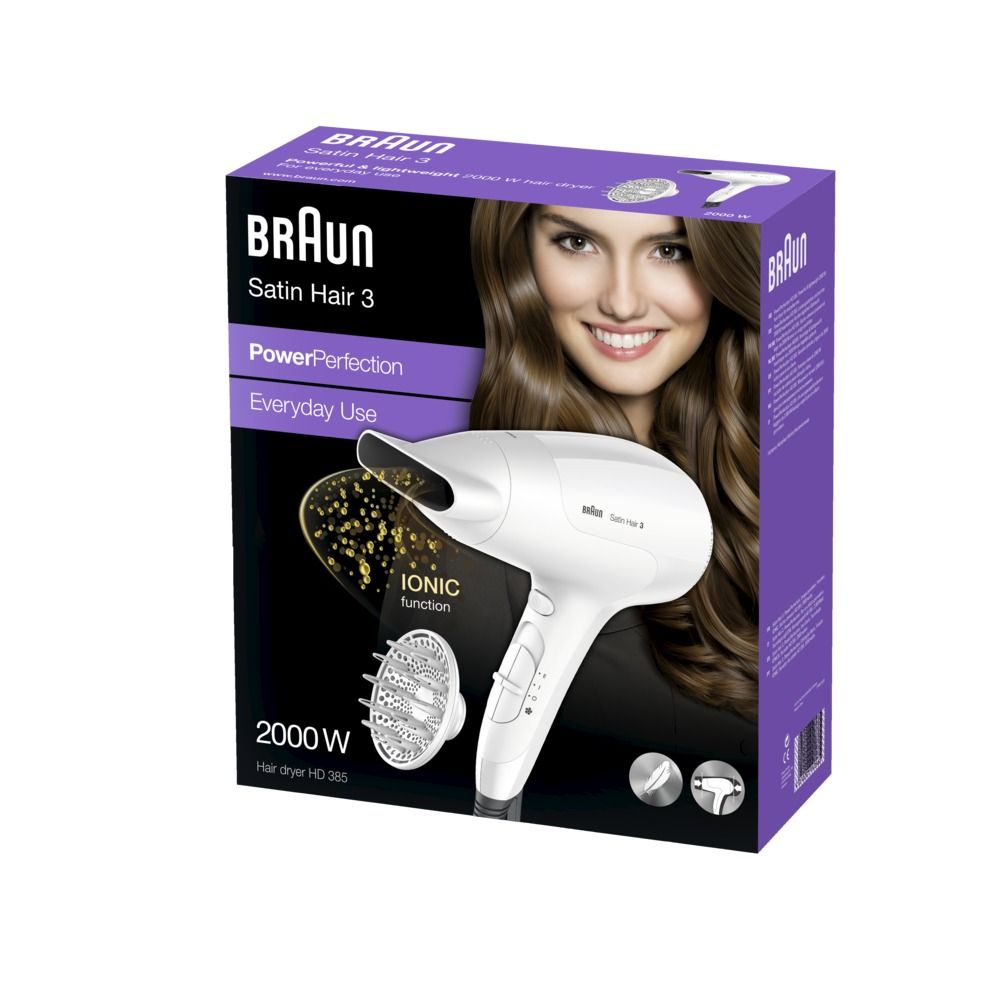 Verpackung des Haartrockners. Aufdruck: Braun, Satin Hair 3, PowerPerfection, Ionic Funktion, 2000 W. Abbildung einer Frau mit Haaren.