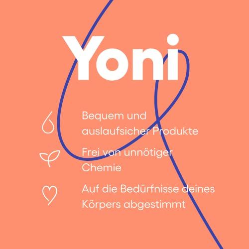 Text auf orangefarbenem Hintergrund: Yoni, bequem und auslaufsicher, frei von Chemie, auf Körperbedürfnisse abgestimmt.