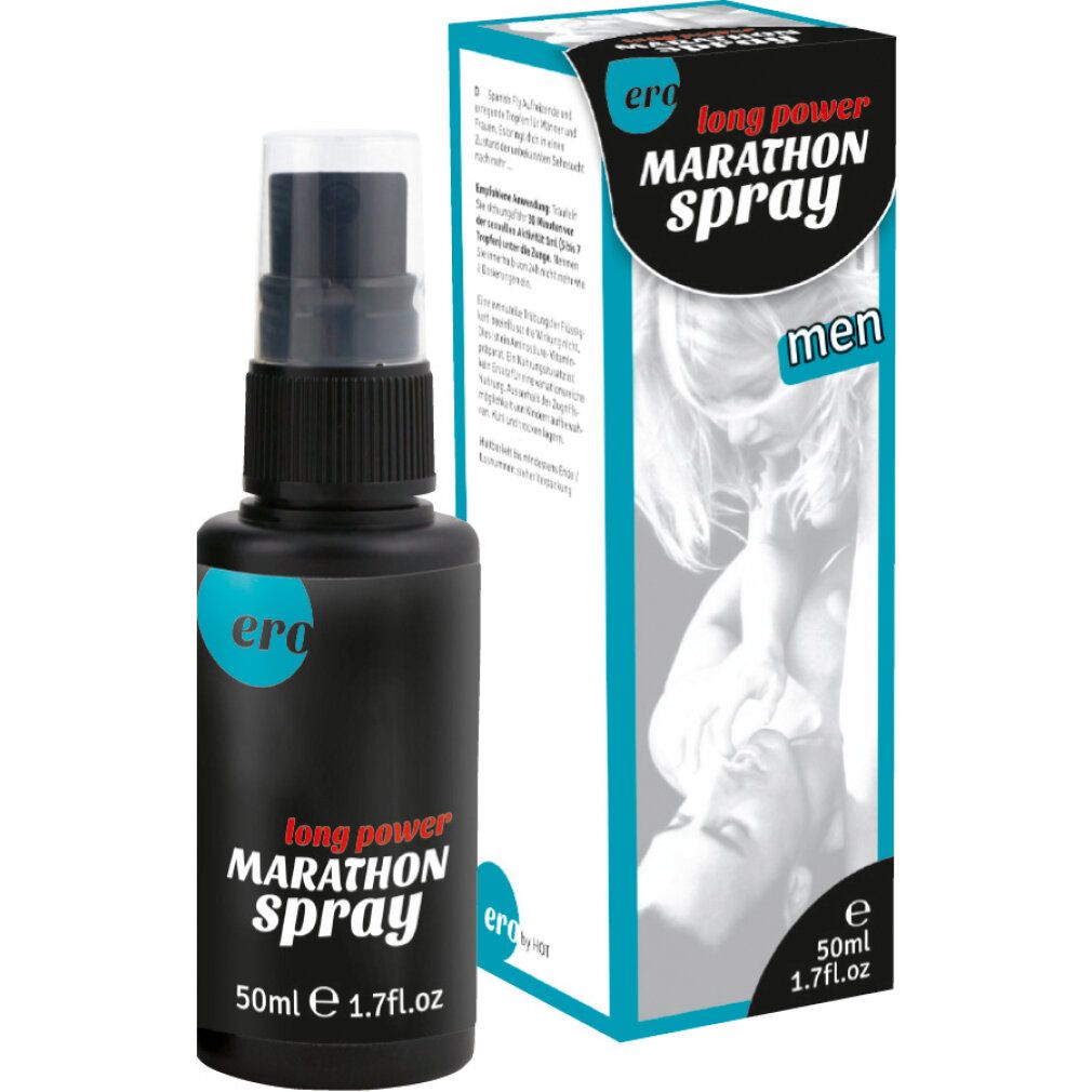 Ero Marathon Spray Flasche und Verpackung. Schwarze Flasche, weiße Verpackung mit blauen Akzenten.