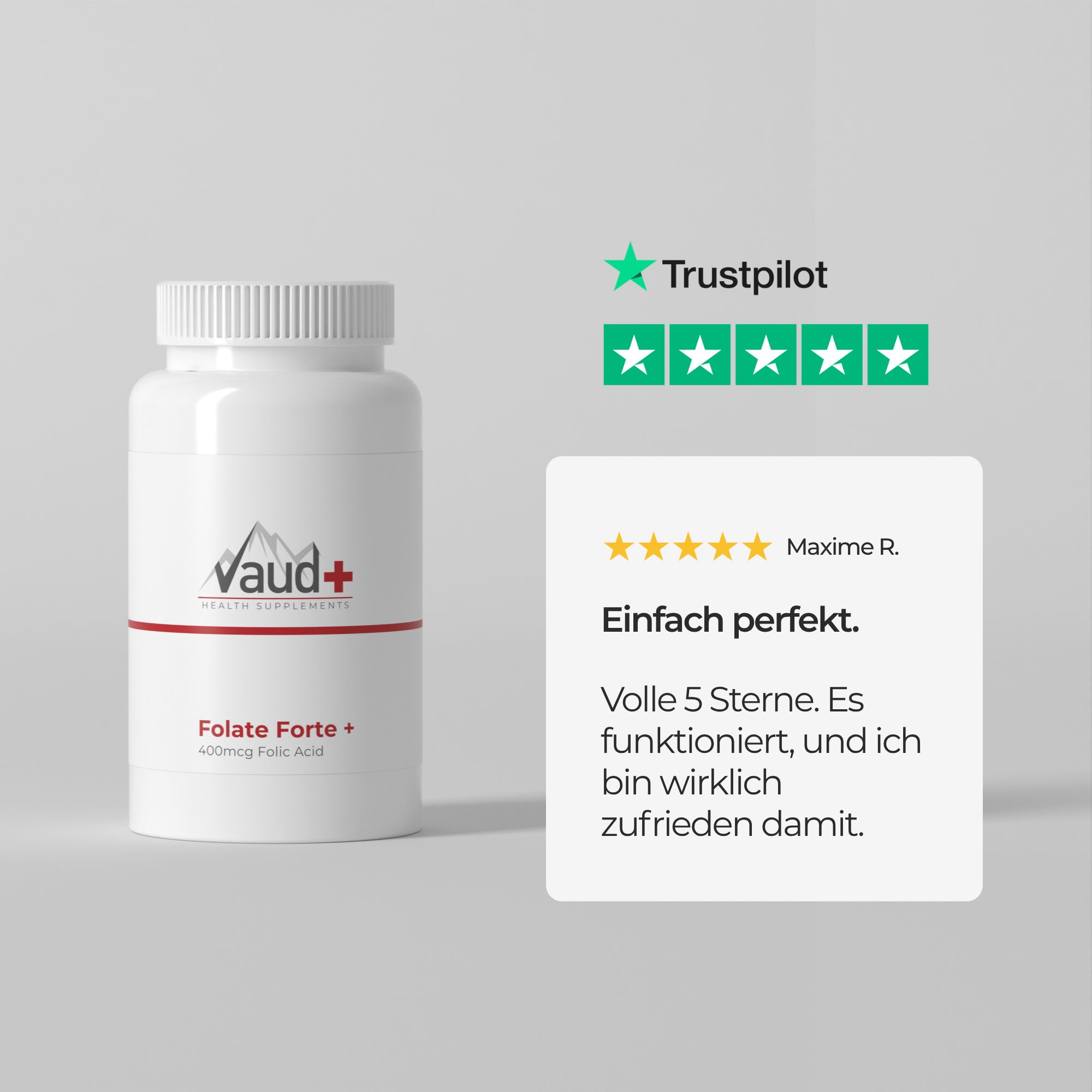 Flasche mit Vaud+ Logo neben Trustpilot-Bewertung. Text: Einfach perfekt. 5 Sterne.