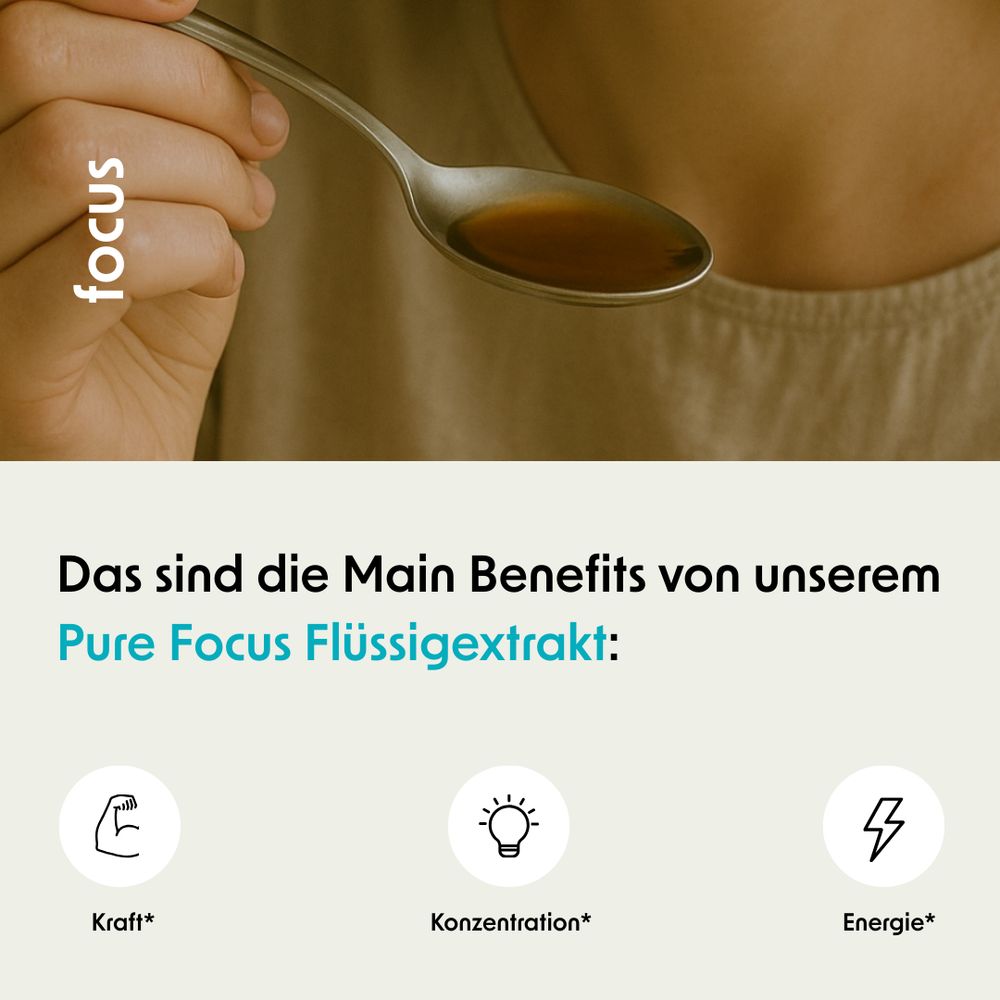 Text: Das sind die Main Benefits von unserem Pure Focus Flüssigextrakt. Symbole für Kraft, Konzentration und Energie.