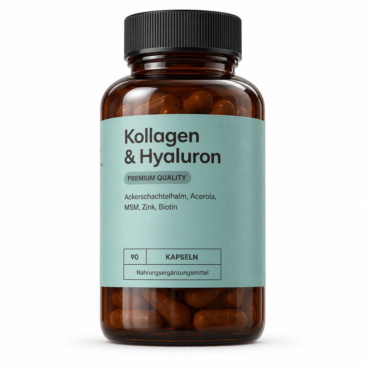 Braune Glasflasche mit 90 Kapseln Kollagen & Hyaluron. Enthält Ackerschachtelhalm, Acerola, MSM, Zink, Biotin. Premium Qualität.
