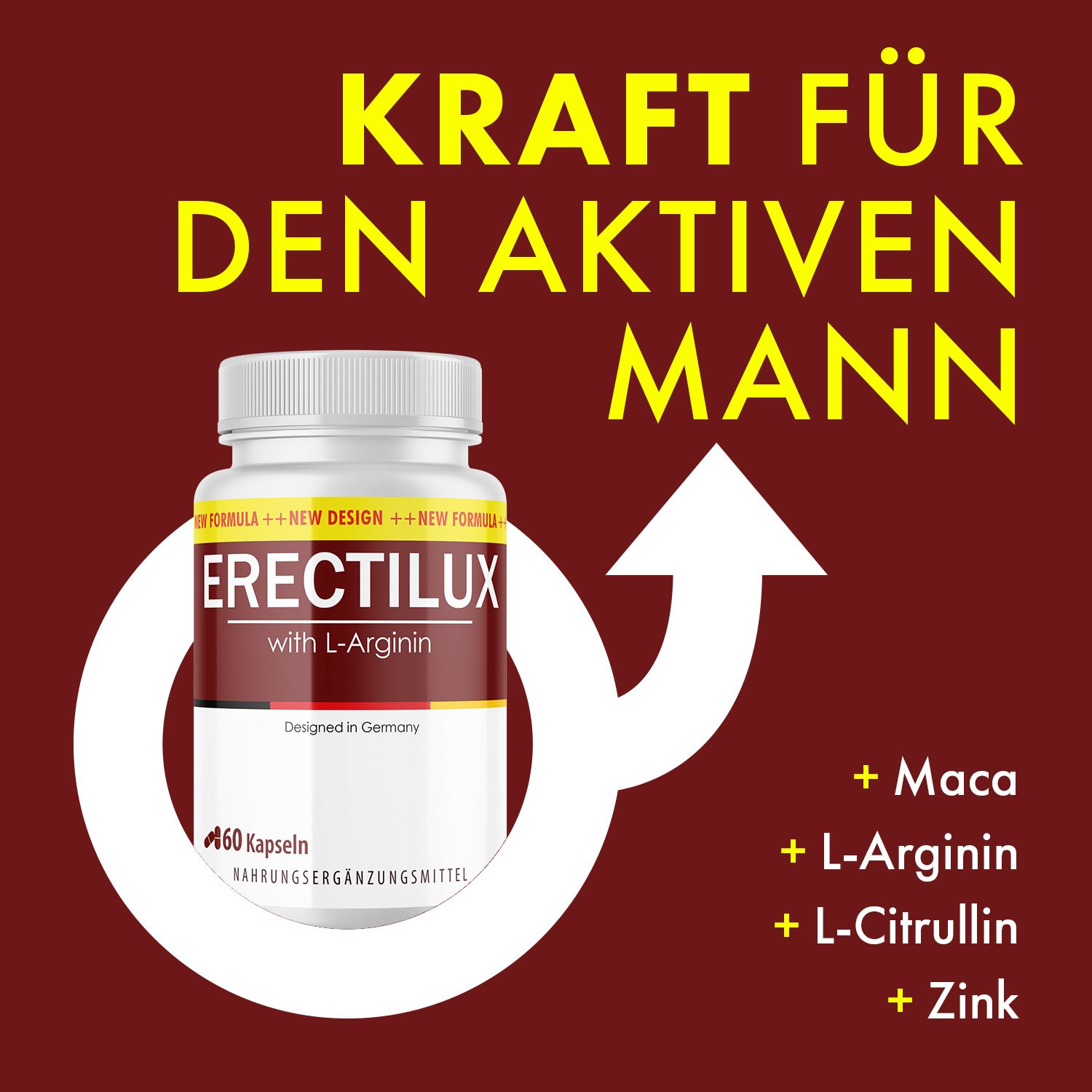 Flasche mit Kapseln vor rotem Hintergrund. Text: KRAFT FÜR DEN AKTIVEN MANN. Inhaltsstoffe: Maca, L-Arginin, L-Citrullin, Zink.