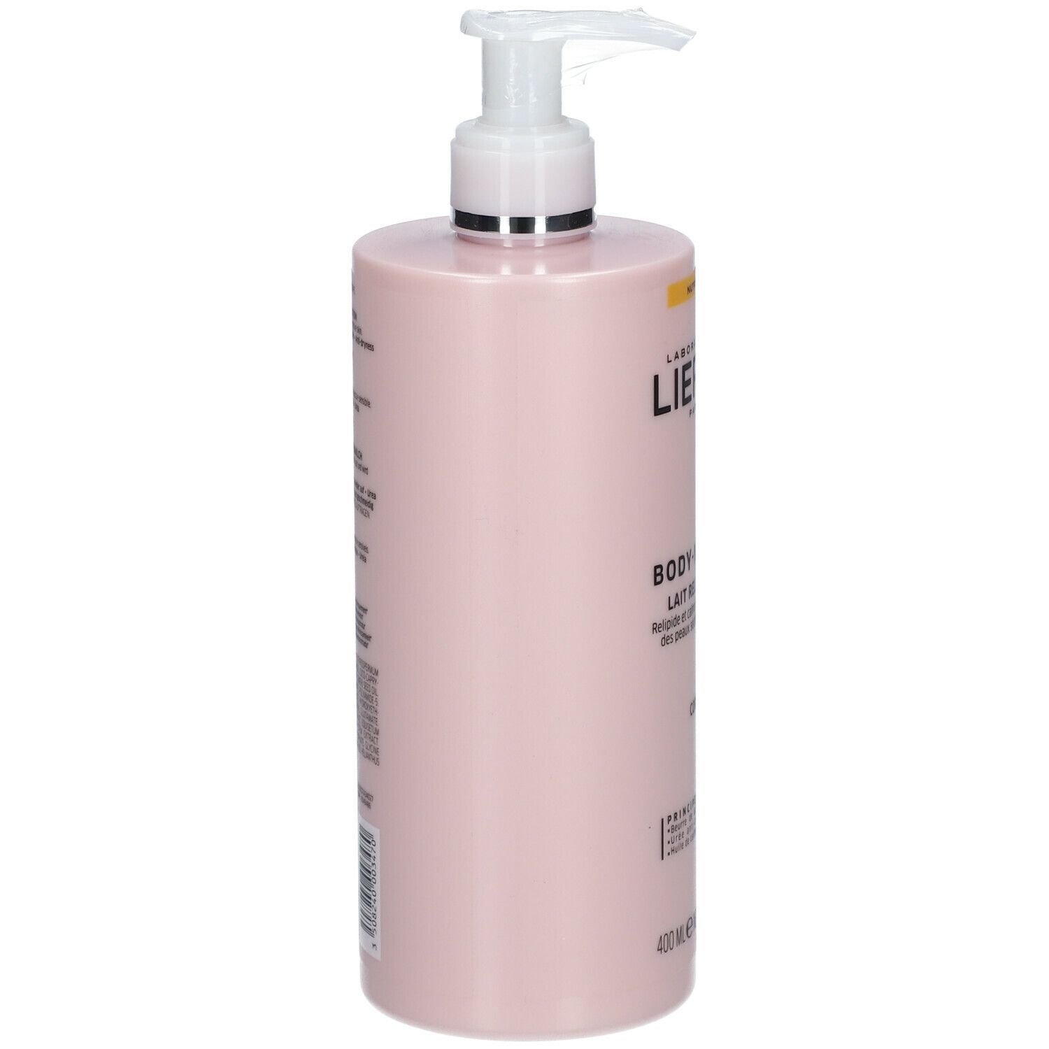 Rosa Flasche mit Pumpe. Aufschrift: LIERAC, BODY-NUTRI+. Rückseite mit Text und Barcode.