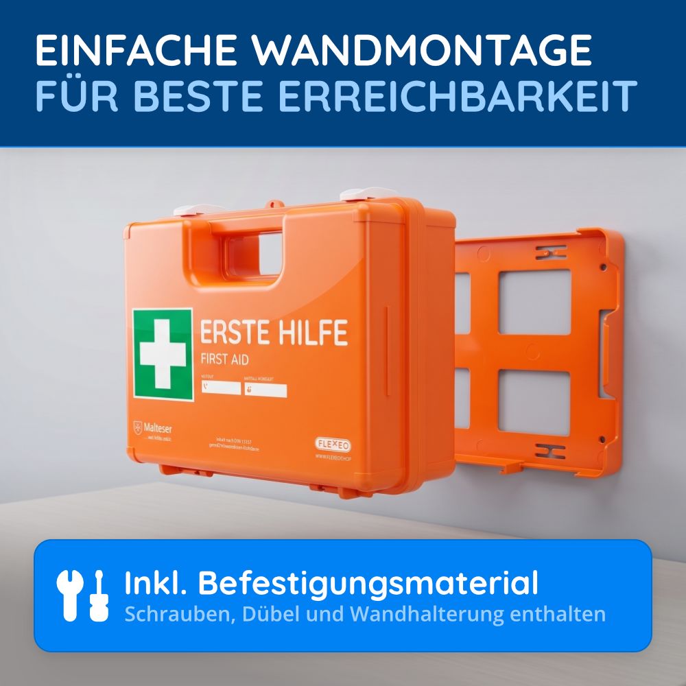 Orange Erste-Hilfe-Koffer mit Wandhalterung. Inklusive Befestigungsmaterial: Schrauben, Dübel und Wandhalterung.