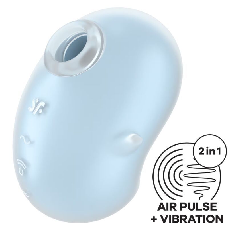 Hellblauer Auflegevibrator mit Grafik. Zeigt Air Pulse und Vibration. Logo und 2in1-Symbol.