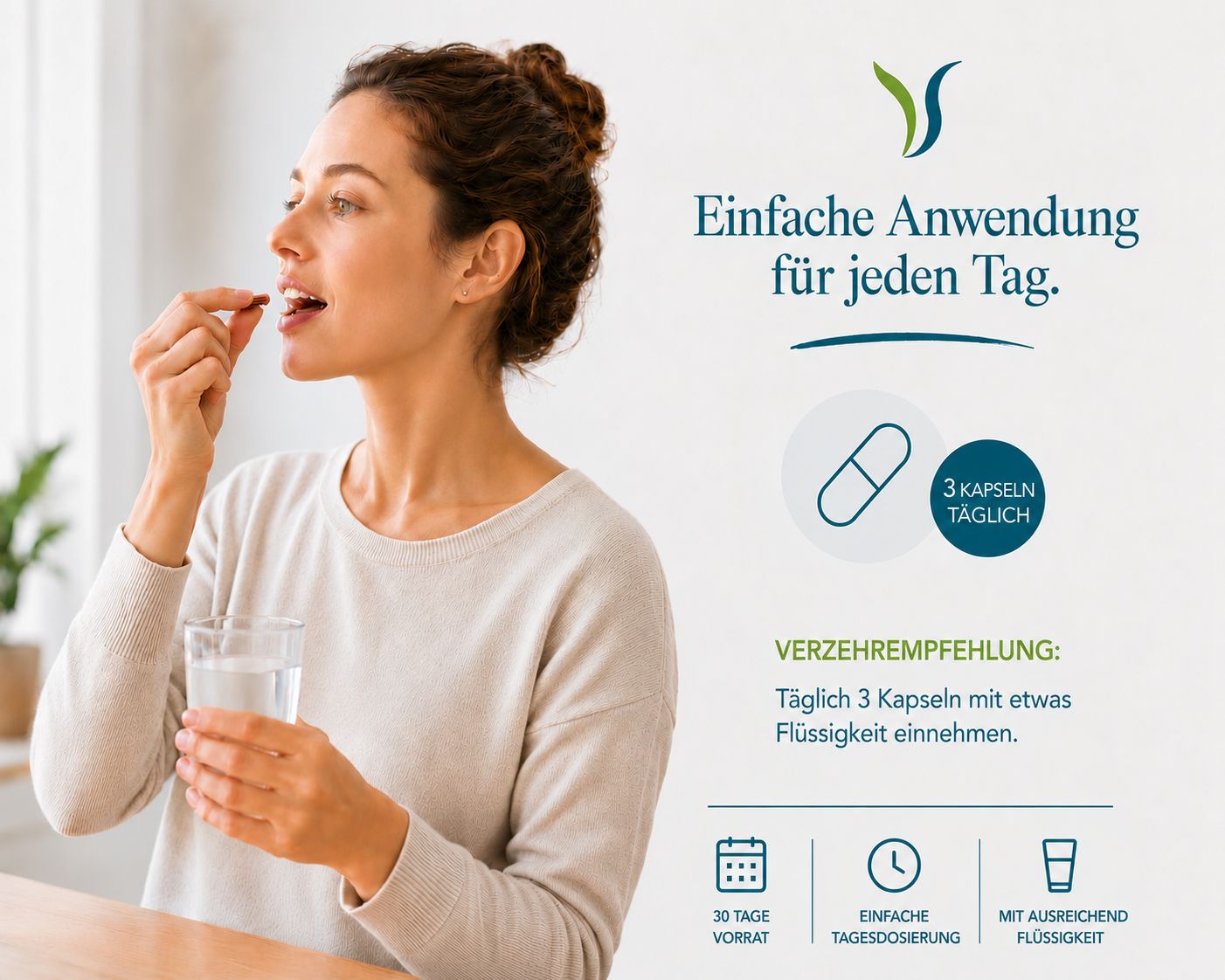 Frau nimmt Kapsel mit Wasser ein.