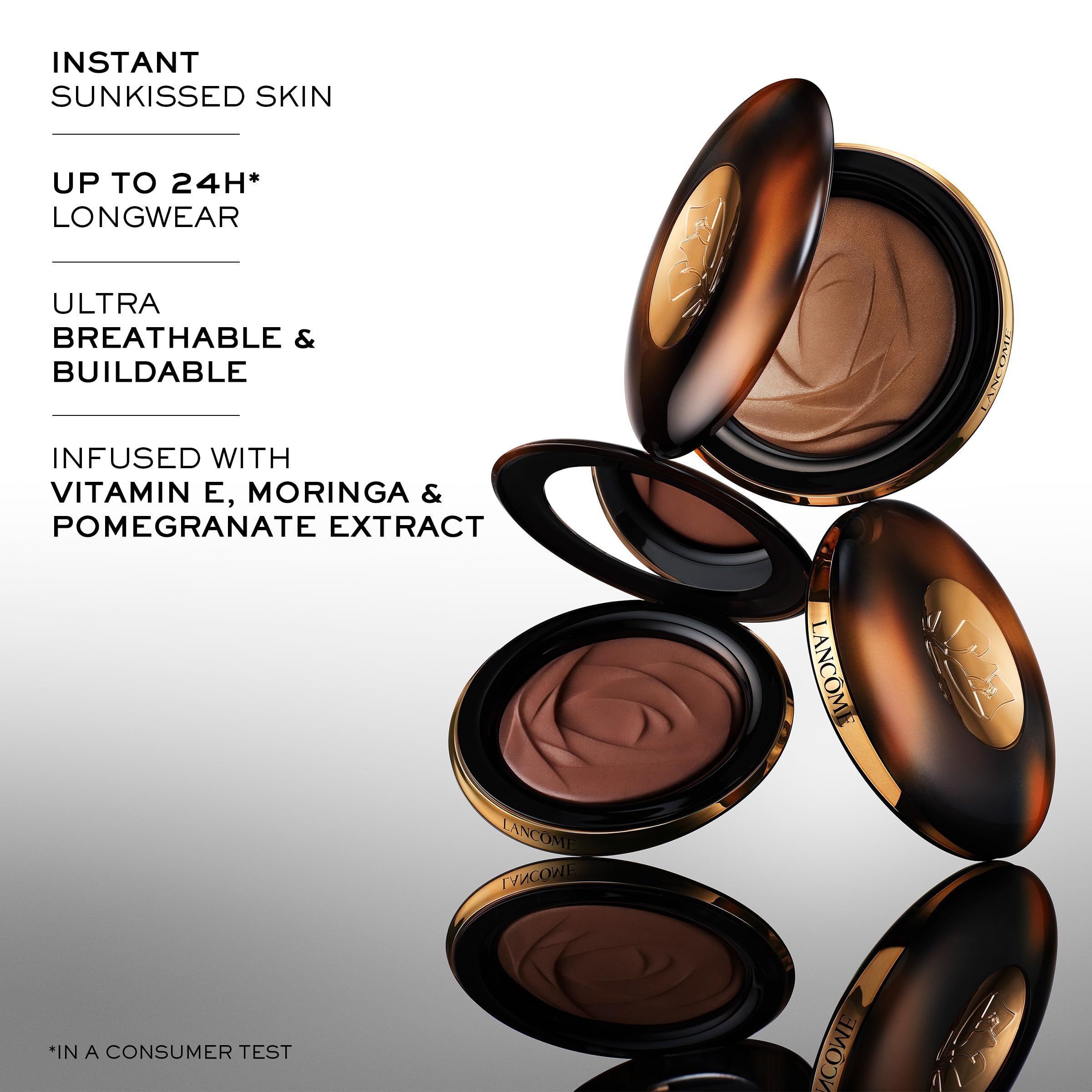 Mehrere Lancôme Teint Idole Ultra Wear Siero Bronzer-Dosen. Runde Form, braune Farbe, goldfarbene Details. Spiegel im Deckel.