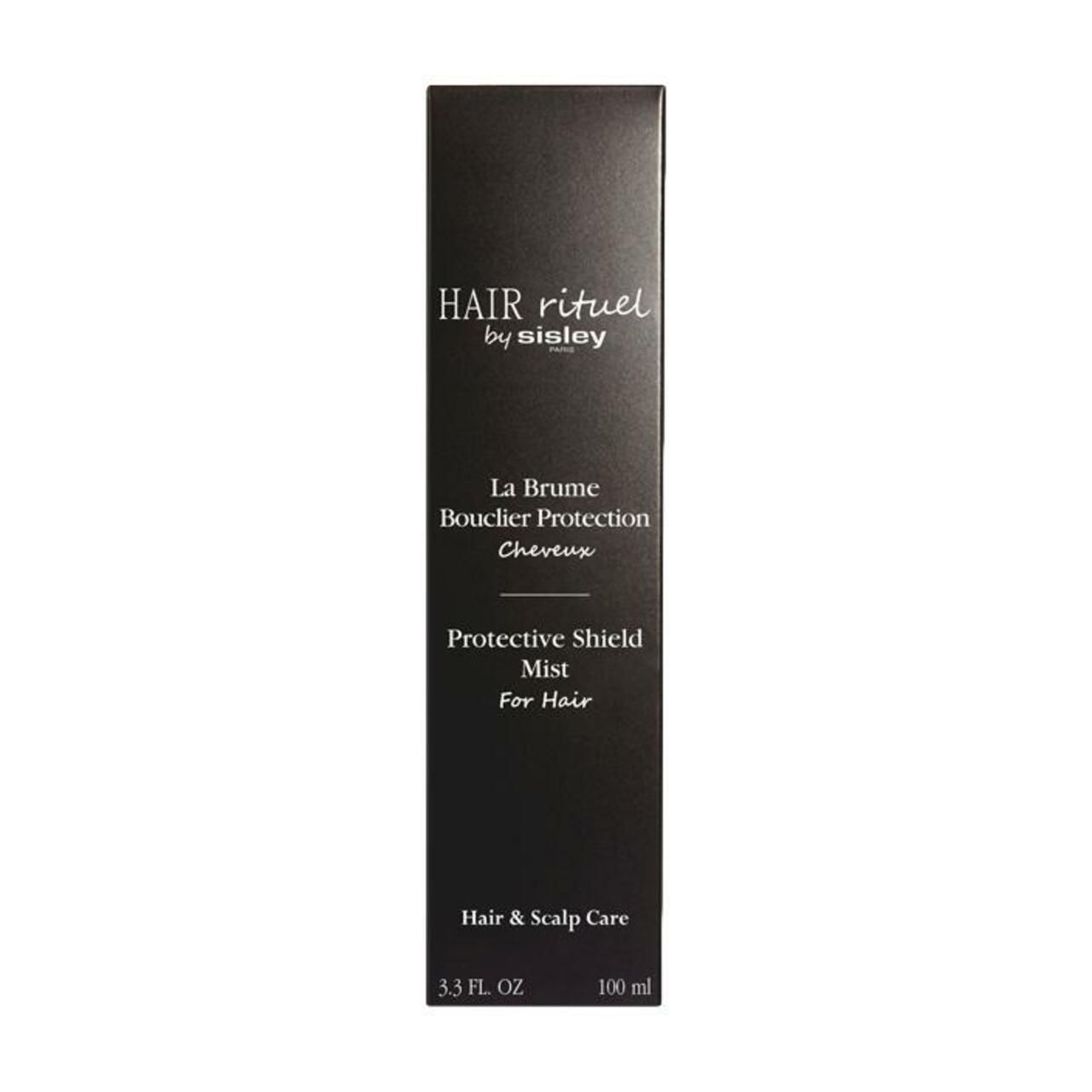 Schwarze Verpackung mit Aufschrift: HAIR rituel by sisley, La Brume Bouclier Protection, Protective Shield Mist. 3.3 FL. OZ. 100 ml.