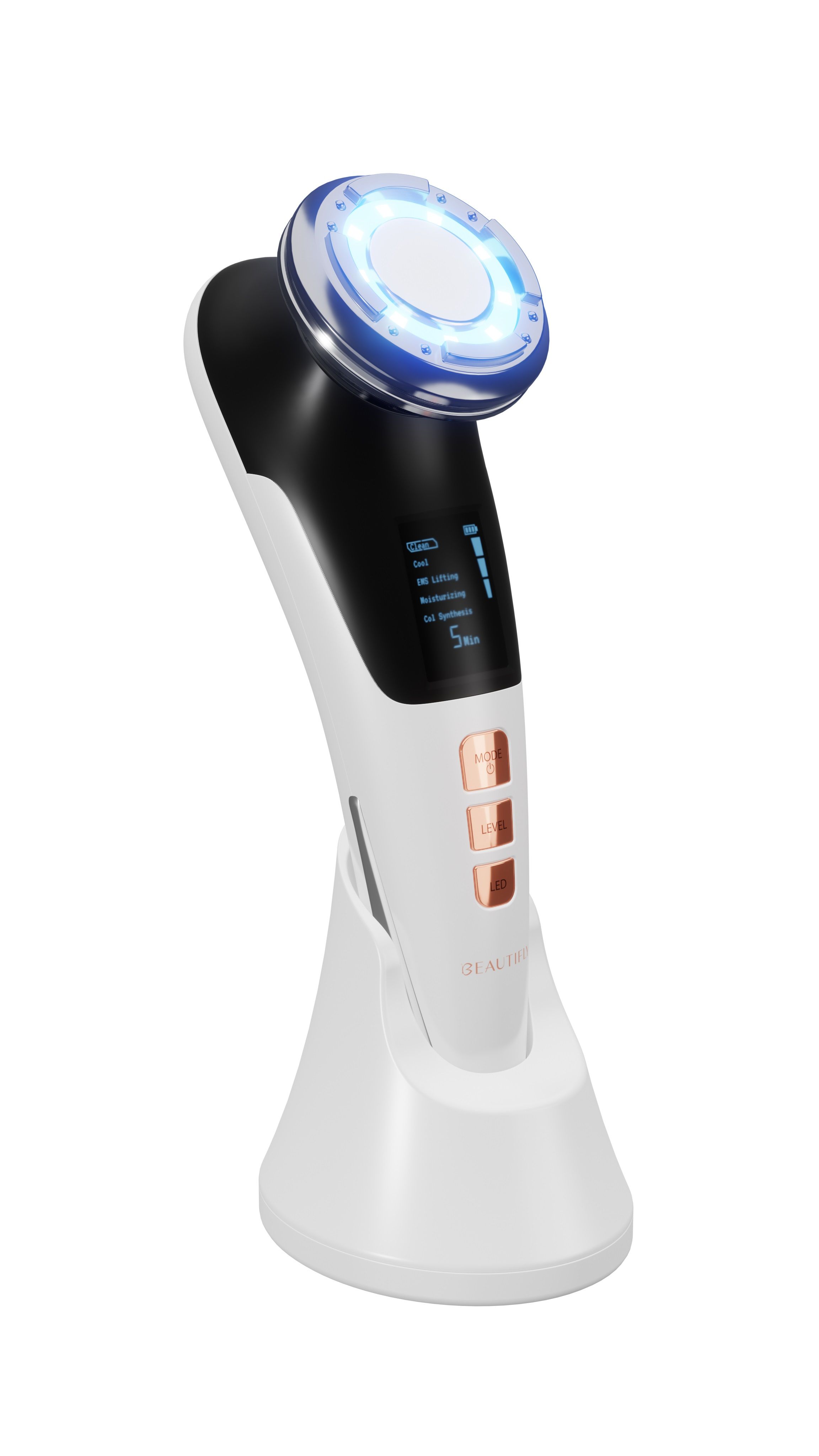 Weißes Mesotherapiegerät mit Ladestation. Schwarzer Bildschirm, kupferfarbene Knöpfe. Blaue LED-Beleuchtung am Kopf. Marke: BEAUTIFLY.