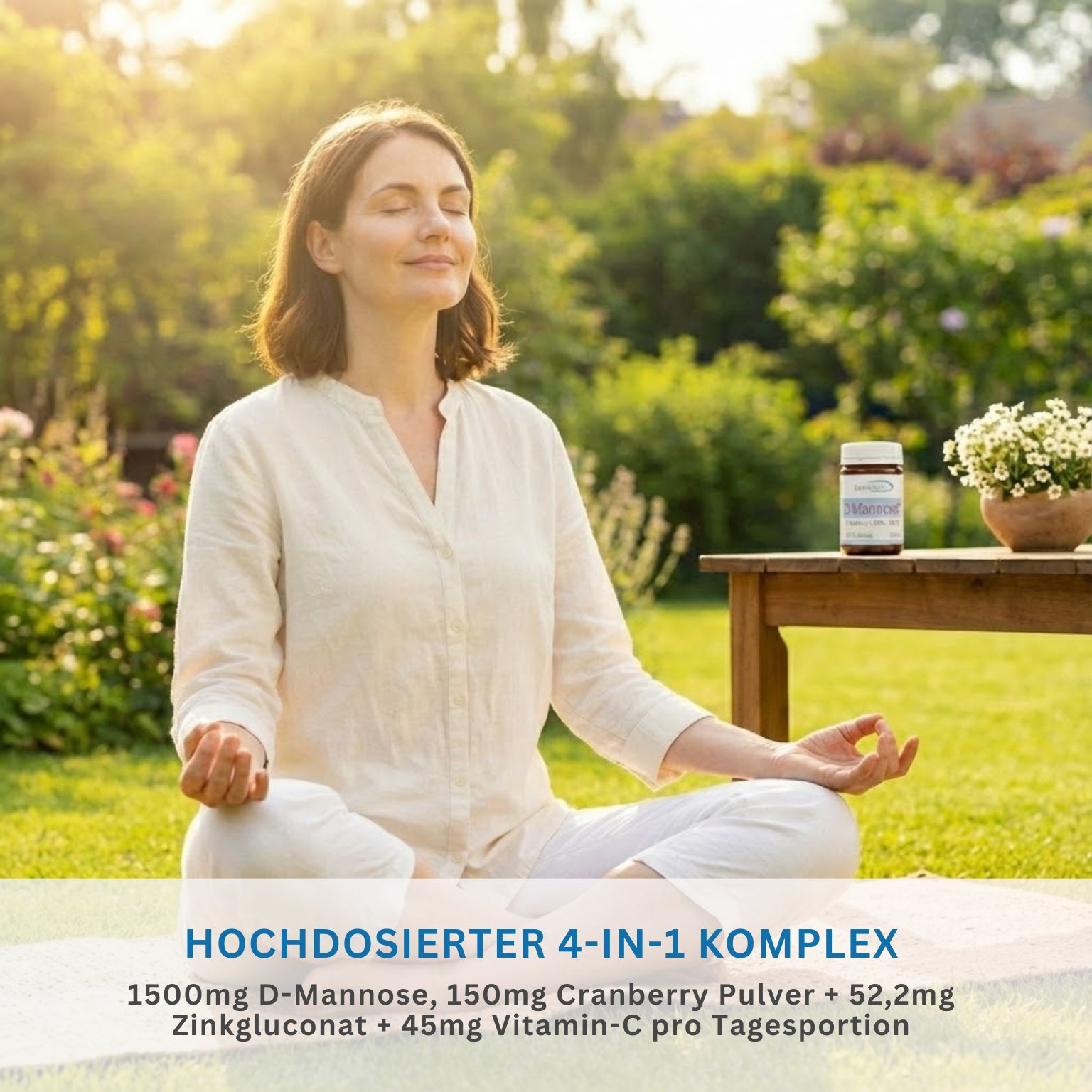 Frau meditiert im Freien, neben einer Tisch mit einer Tablettenflasche. Text: Hochdosierter 4-in-1 Komplex, 1500mg D-Mannose, etc.