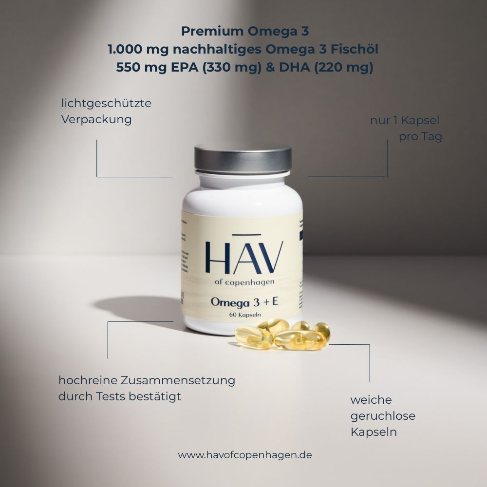 Flasche HAV of copenhagen Omega 3 + E mit Kapseln. Text: Premium Omega 3, 1 Kapsel pro Tag.