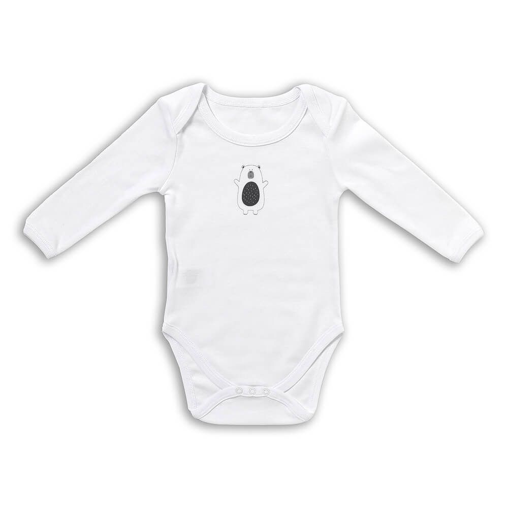 Weißer Baby-Body mit langen Ärmeln. Aufdruck: Eisbär. 100% Bio-Baumwolle.