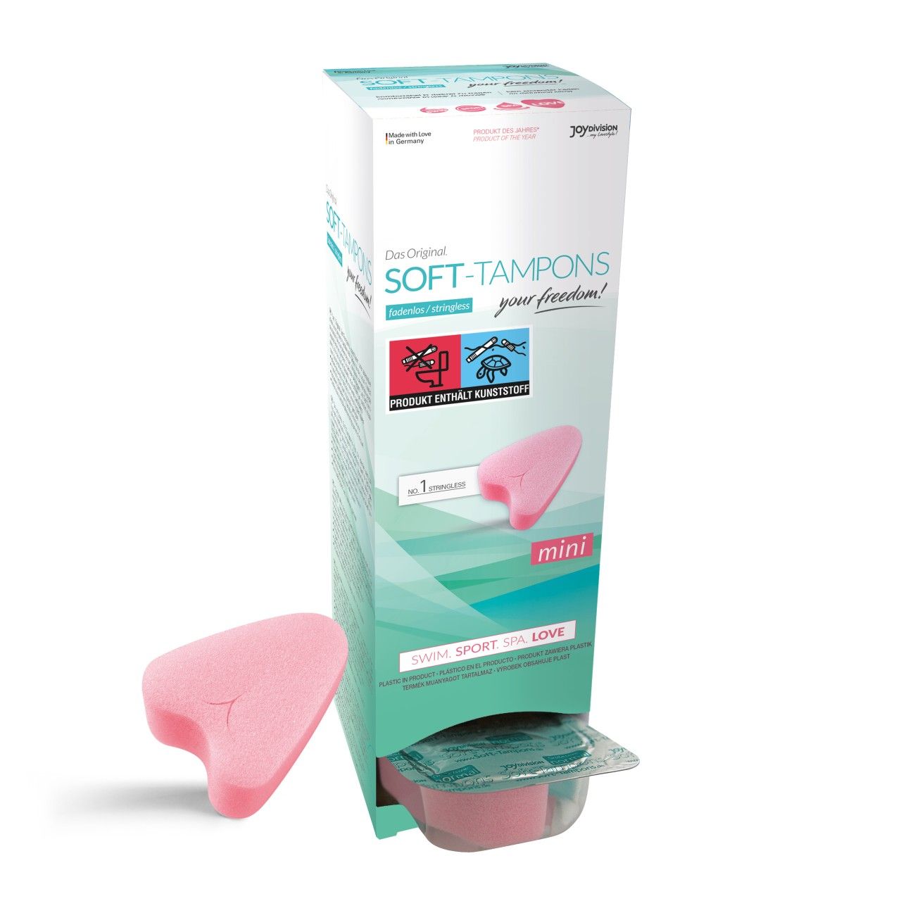 Verpackung von Soft-Tampons mini. Rosa Tampon neben der Verpackung. Text: SWIM SPORT SPA LOVE.