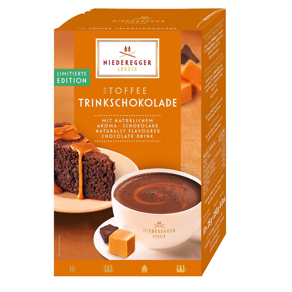 Verpackung Niederegger Toffee-Trinkschokolade. Orangefarbener Karton mit Produktabbildung und Schriftzug. Limitiert Edition.