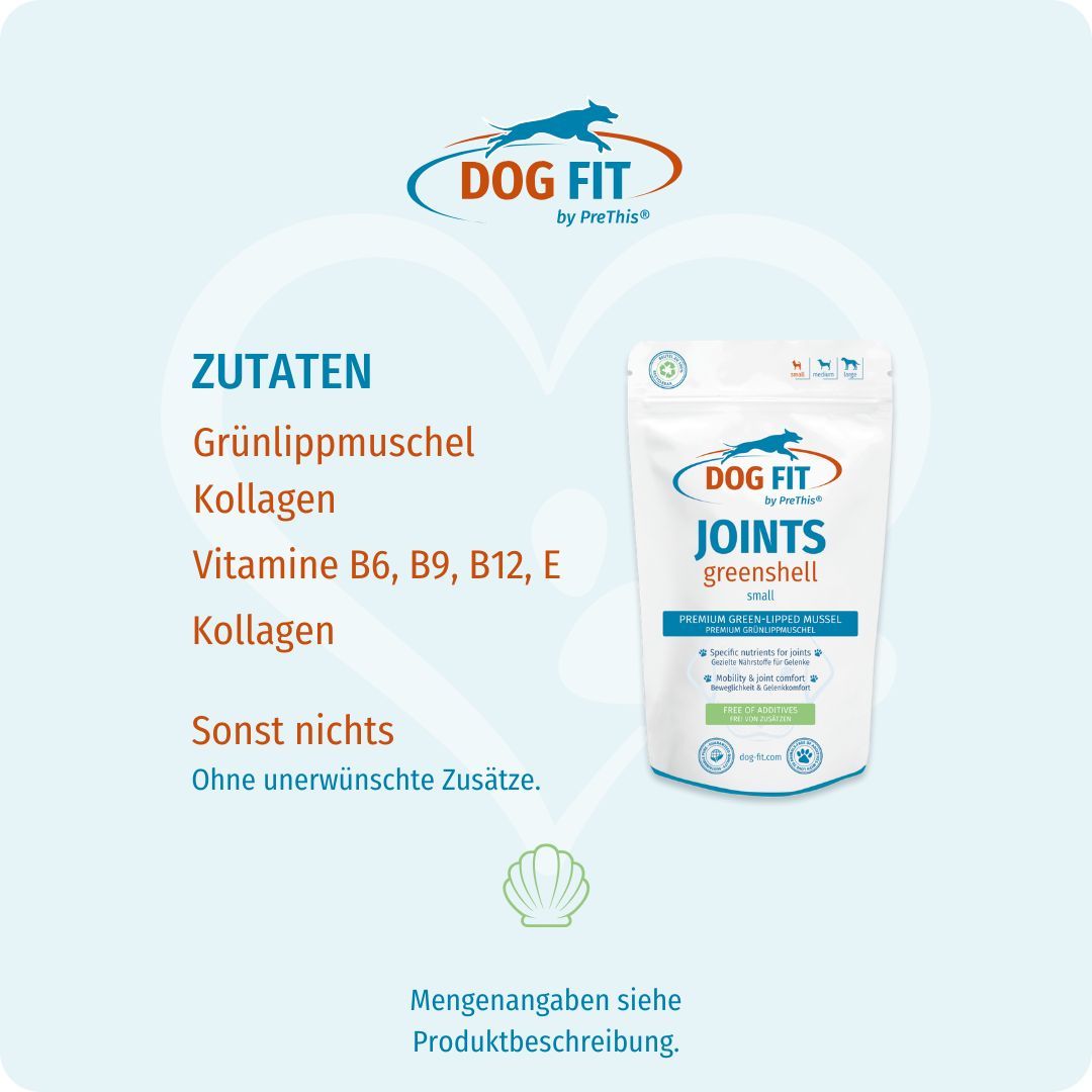 Text: ZUTATEN: Grünlippmuschel, Kollagen, Vitamine B6, B9, B12, E. Text: Ohne unerwünschte Zusätze. Weiße Tüte mit Produktaufdruck.