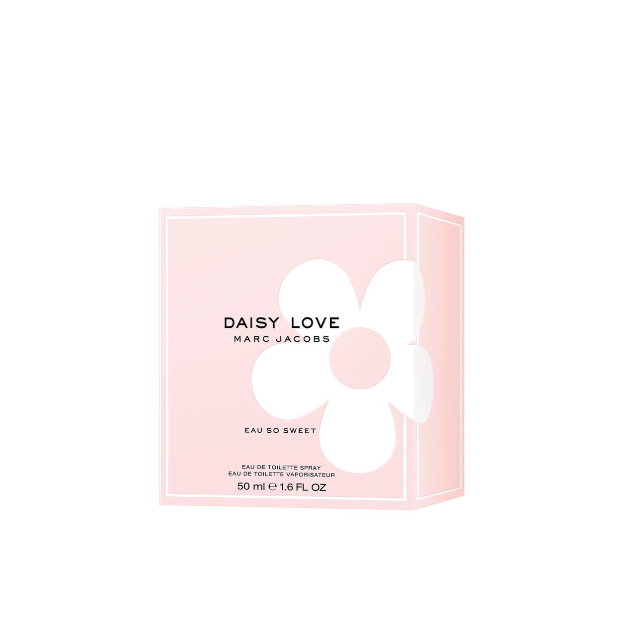 Rosa Schachtel mit weißer Blüte. Aufschrift: Daisy Love, Marc Jacobs, Eau So Sweet. Flasche: 50 ml.