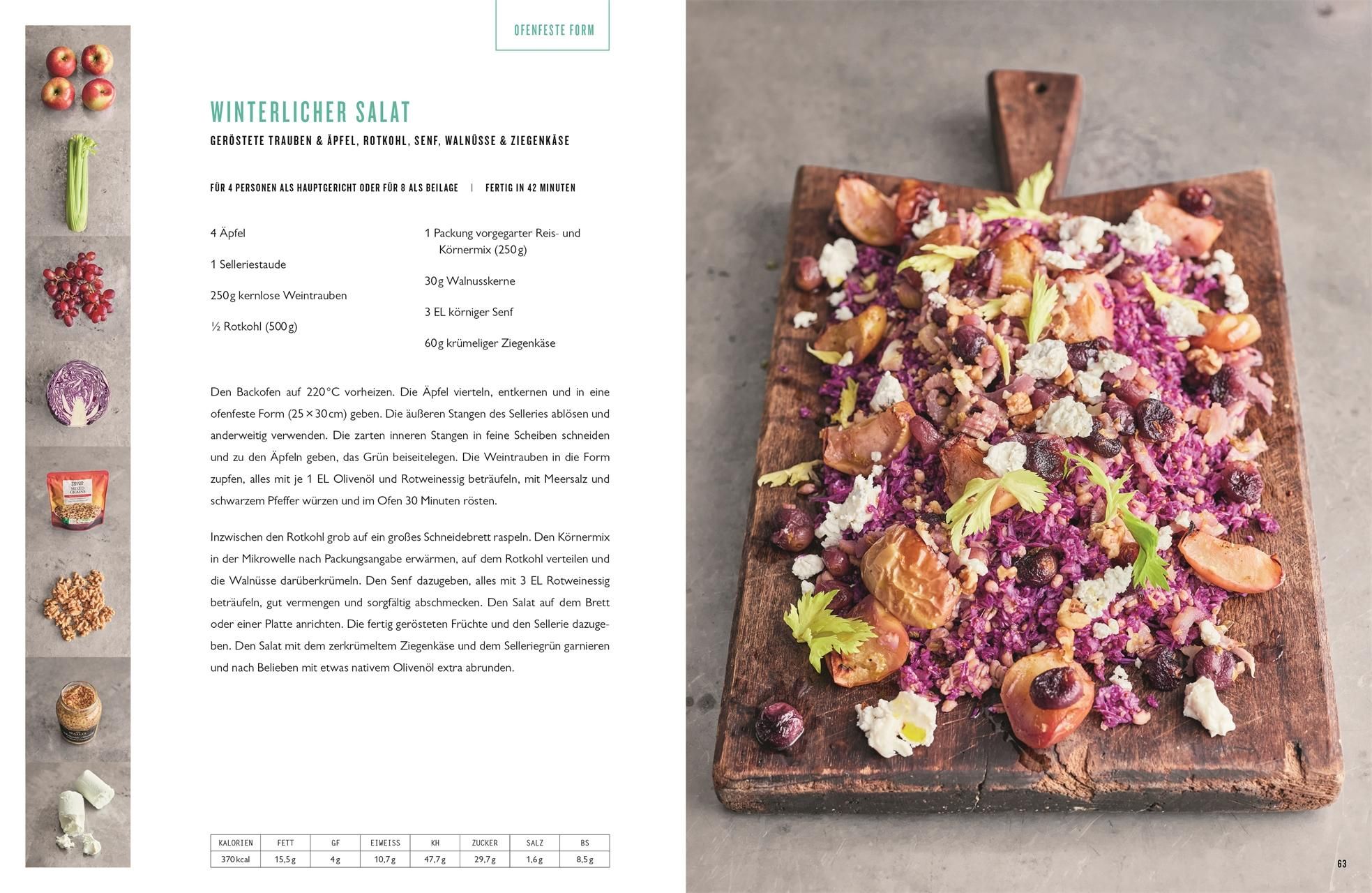 Rezeptseite im Kochbuch ONE. Winterlicher Salat. Zutaten und Zubereitung auf Holzbrett.