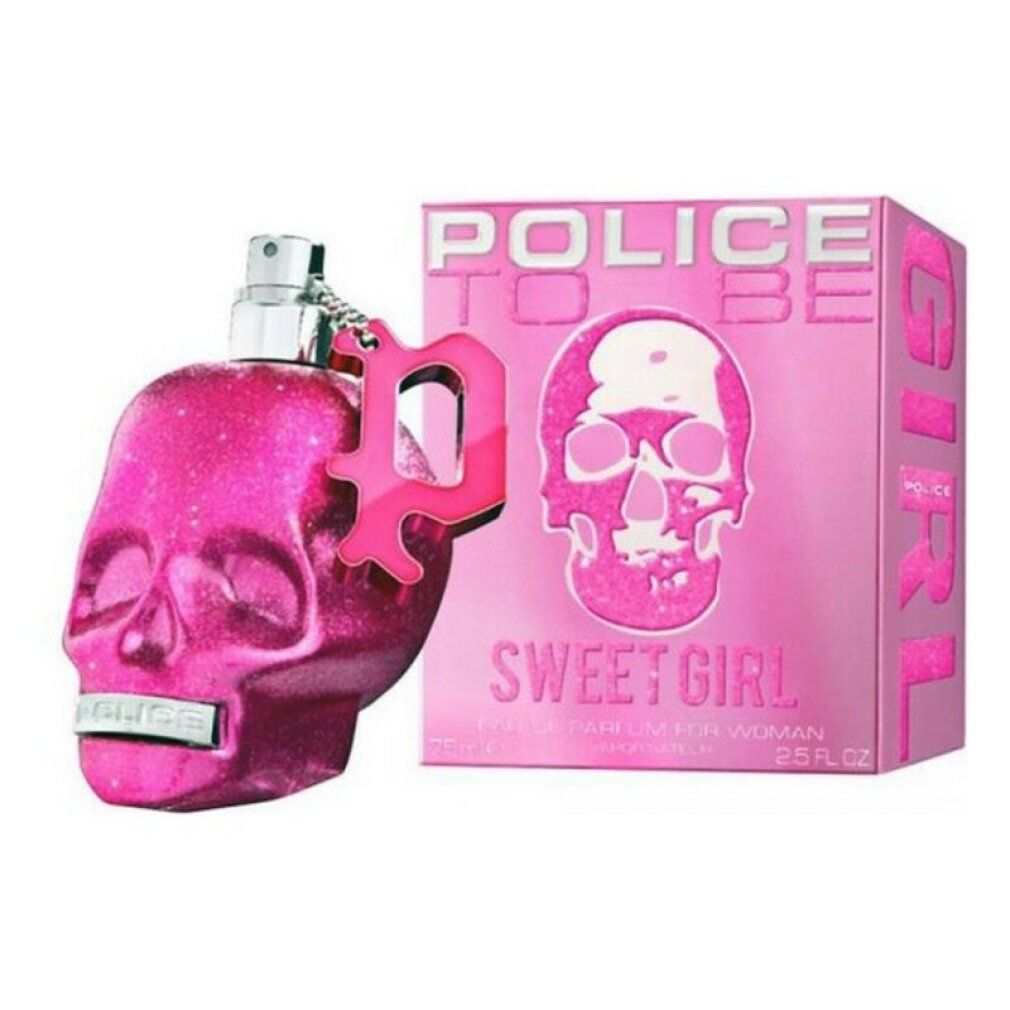Glitzernde pinke Totenkopf-Parfümflasche mit passender Schachtel. "Sweet Girl" Aufschrift.