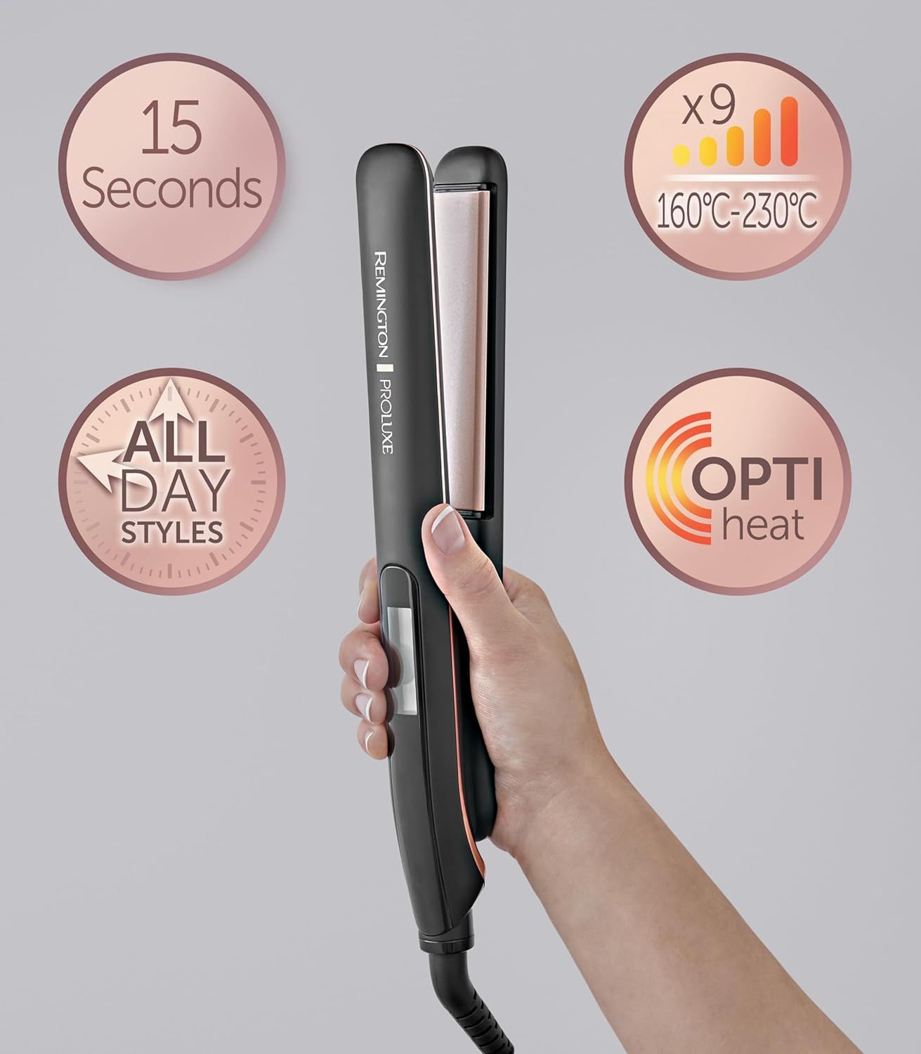 Schwarzes Glätteisen mit Rosegold-Akzenten. Hand hält das Gerät. Kreisförmige Grafiken zeigen Funktionen: 15 Sekunden, 160-230°C, OPTIheat, All Day Styles.