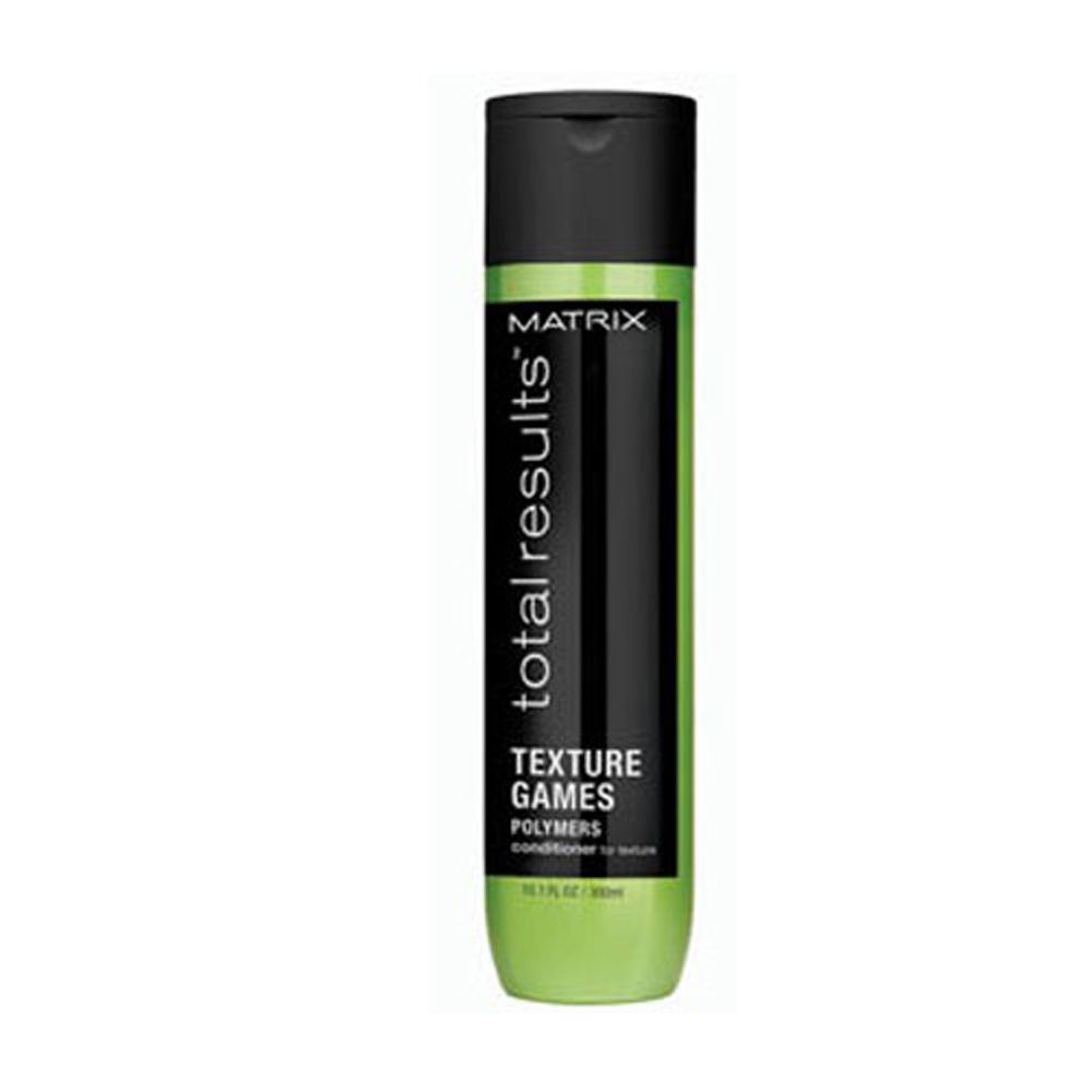 Grüne Flasche mit schwarzem Deckel. Aufschrift: Matrix Total Results Texture Games Conditioner.