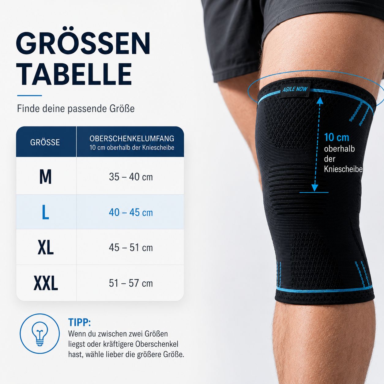 AGILE NOW Kniebandage mit Größentabelle und Messanleitung.