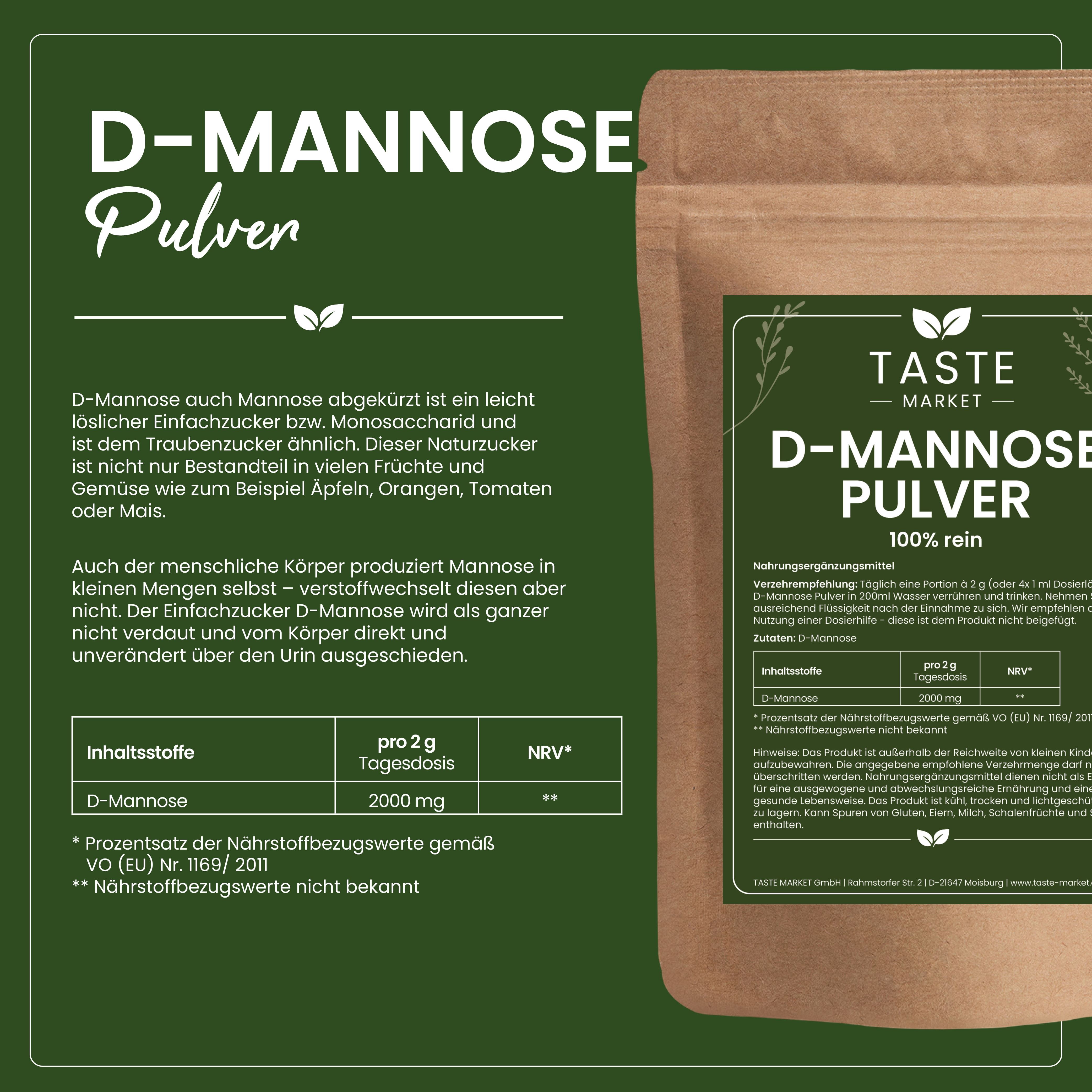 Braune Papiertüte mit D-Mannose Pulver und Nährwertangaben.
