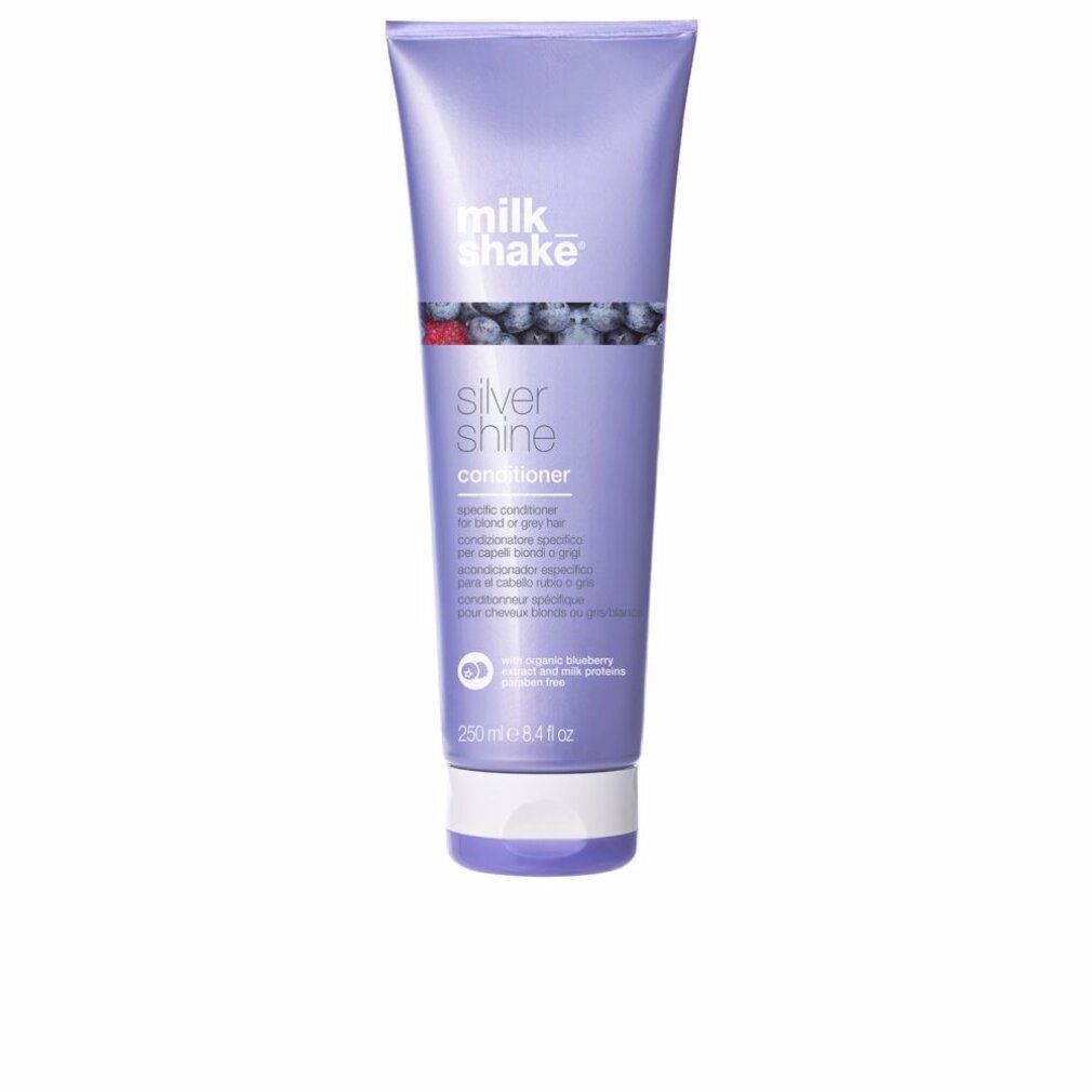 Lila Tube mit "milk shake" und "Silver Shine Conditioner" Aufschrift. Enthält 250 ml. Mit Blaubeeren-Motiv.