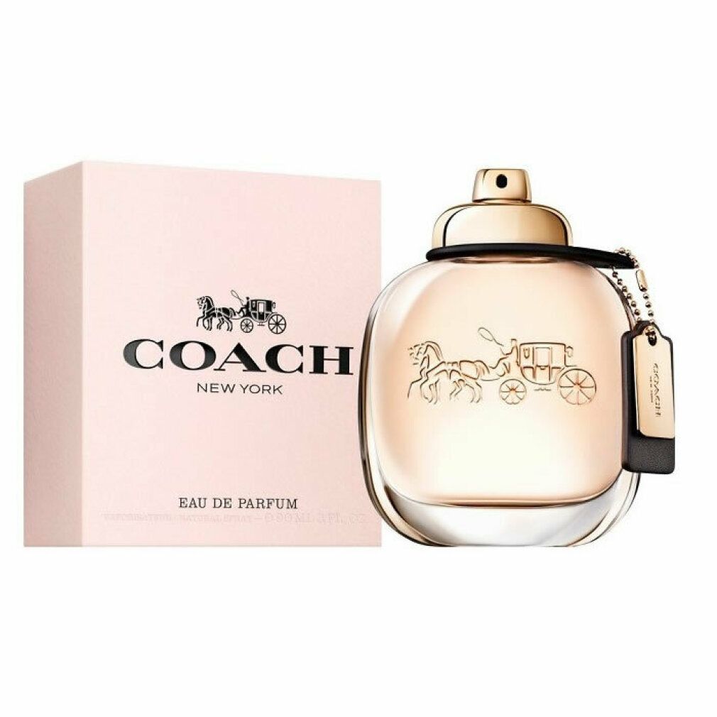 Coach New York Eau de Parfum Flakon. Rund, goldfarbener Verschluss, Anhänger. Logo und Kutsche.