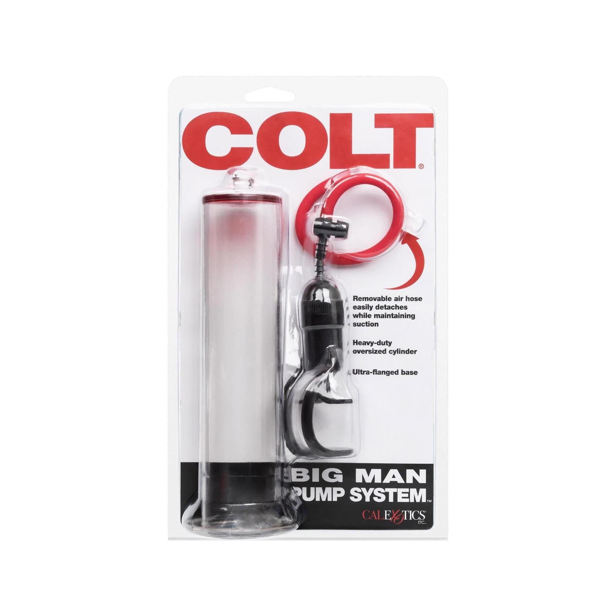 Verpackung mit Pumpe, rotem Schlauch und schwarzem Griff. Produktname COLT BIG MAN PUMP SYSTEM. Text: abnehmbarer Luftschlauch, übergroßer Zylinder.