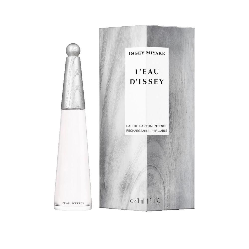 Flakon und Verpackung. L'Eau d'Issey EdP Nat. Spray Intense. Flakon konisch, silberner Verschluss. Verpackung mit Holzmaserung.
