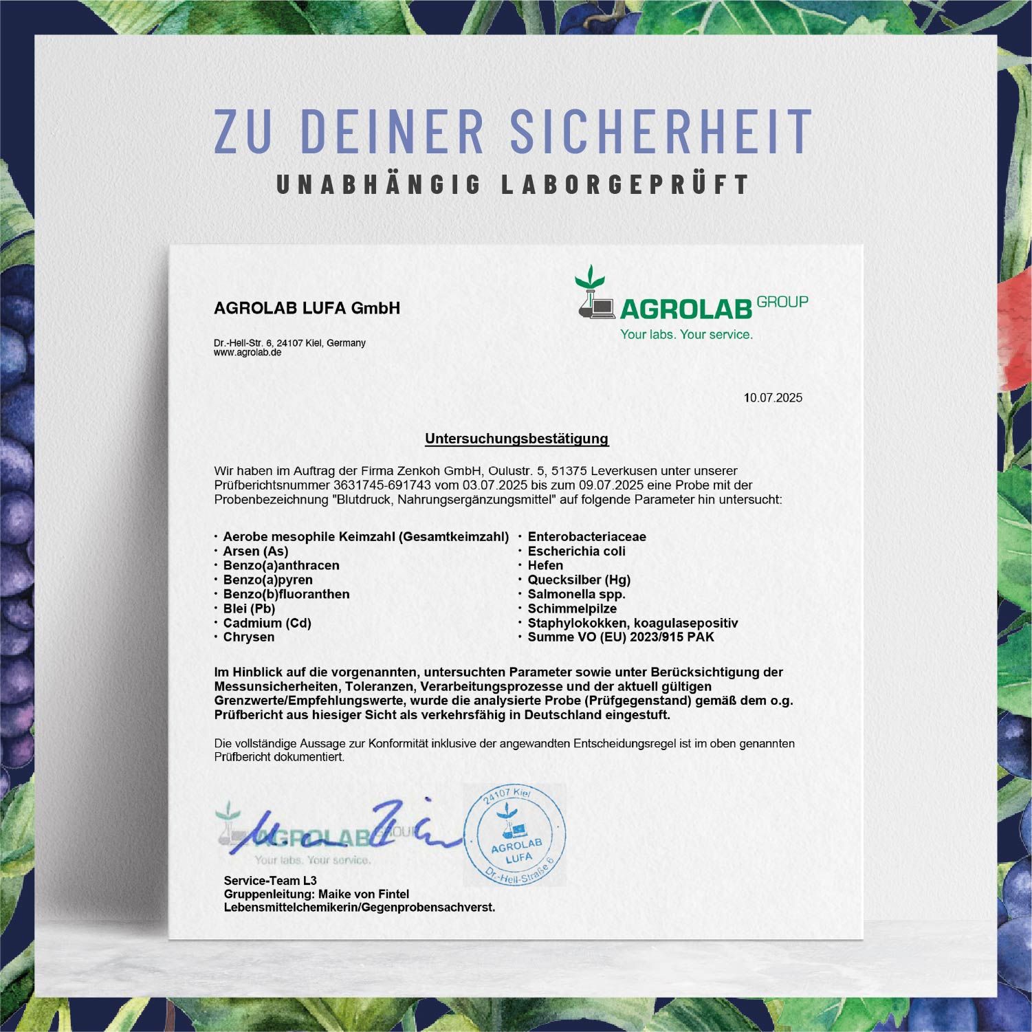 Zertifikat der Agrolab LUFA GmbH. Text: Unabhängig laborgeprüft. Analyseergebnisse für das Produkt.