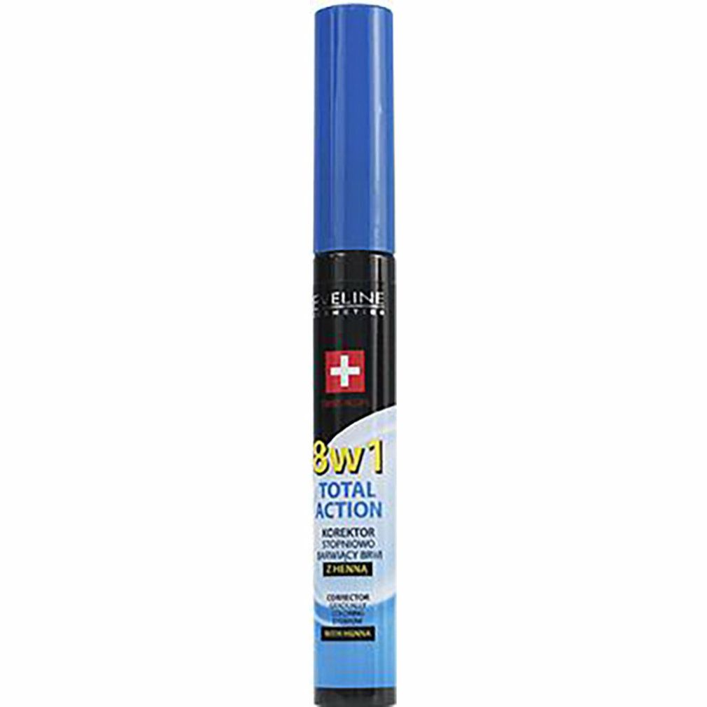 Blau-weißes Kosmetikprodukt. Schwarze Schrift: 8in1 Total Action. Rotes Kreuz. Blaue Kappe. Text: Korrektor, 2 Henna.